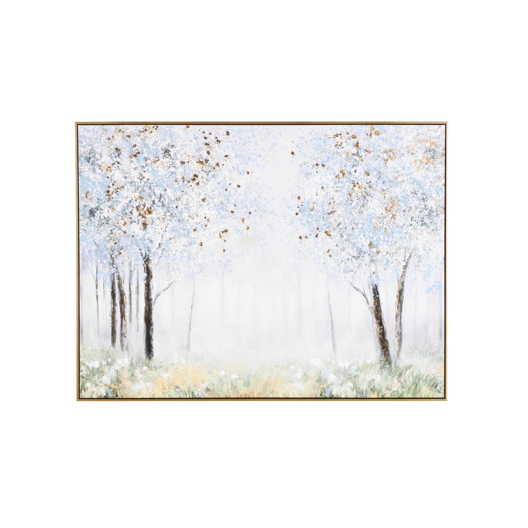 Landscape Blue Canvas Forest Living Room Framed Wall Art with Gold Foil Accents