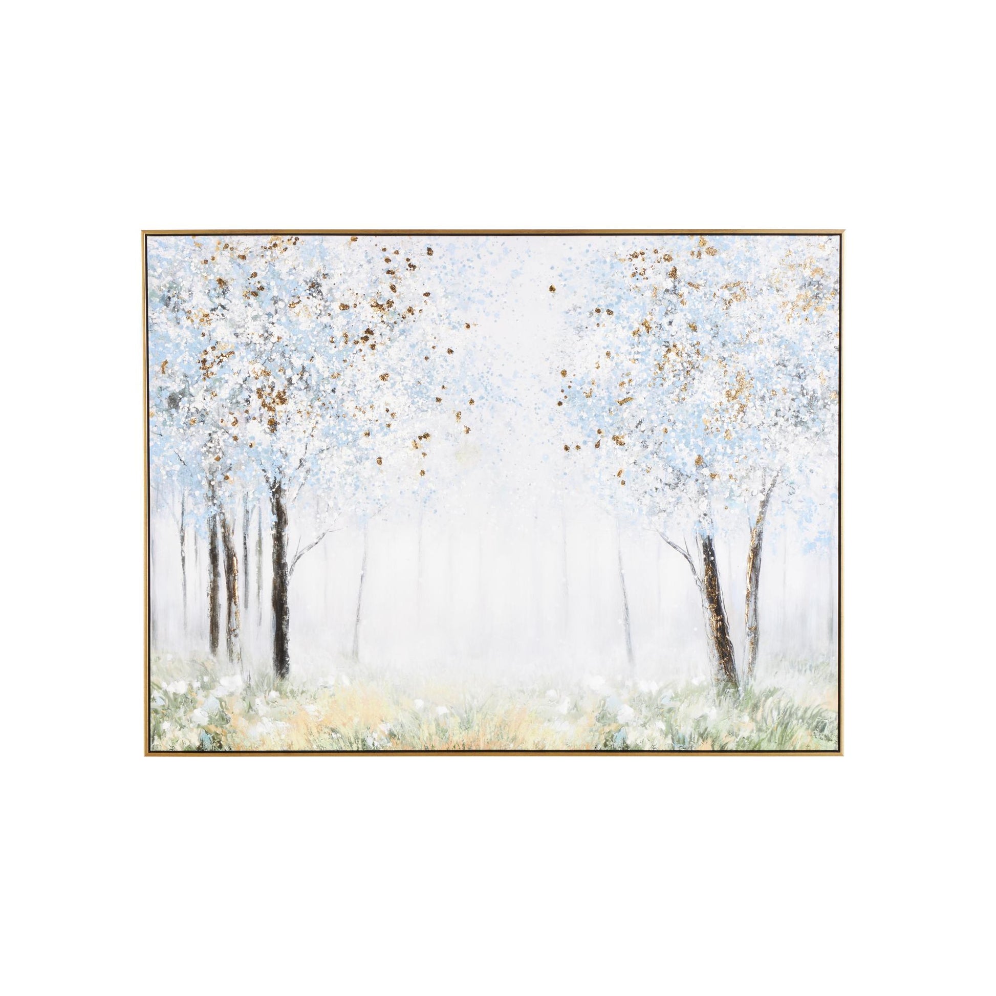 Landscape Blue Canvas Forest Living Room Framed Wall Art with Gold Foil Accents