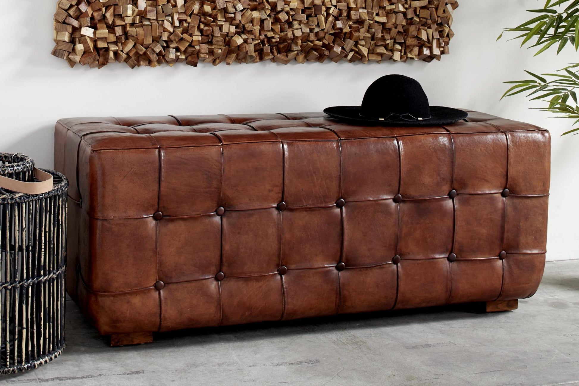 Leather Tufted Upholstered Home Bench with Block Feet