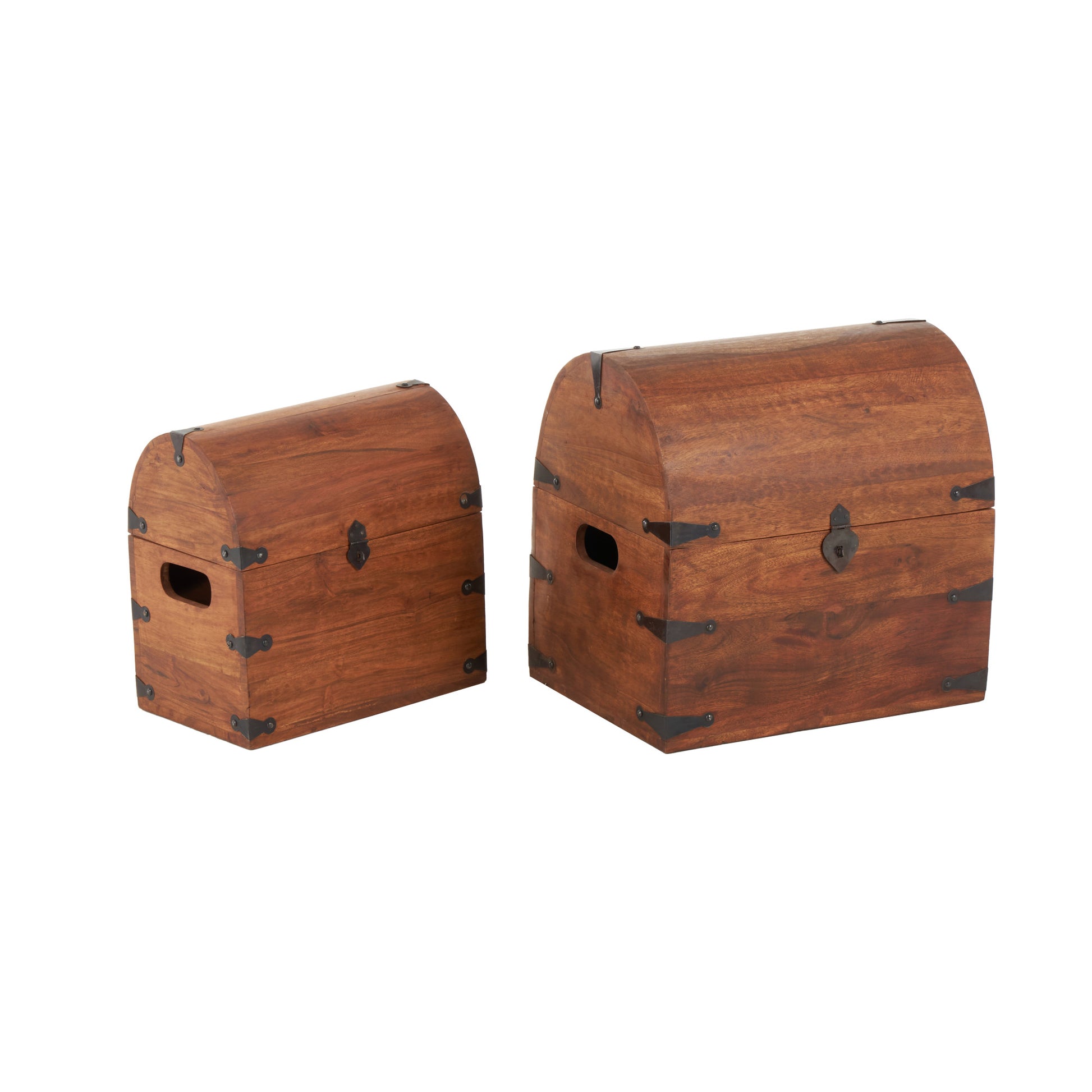 Set of 2 Brown Wood Handmade Arched Storage Chest Decorative Box with Black Metal Hardware