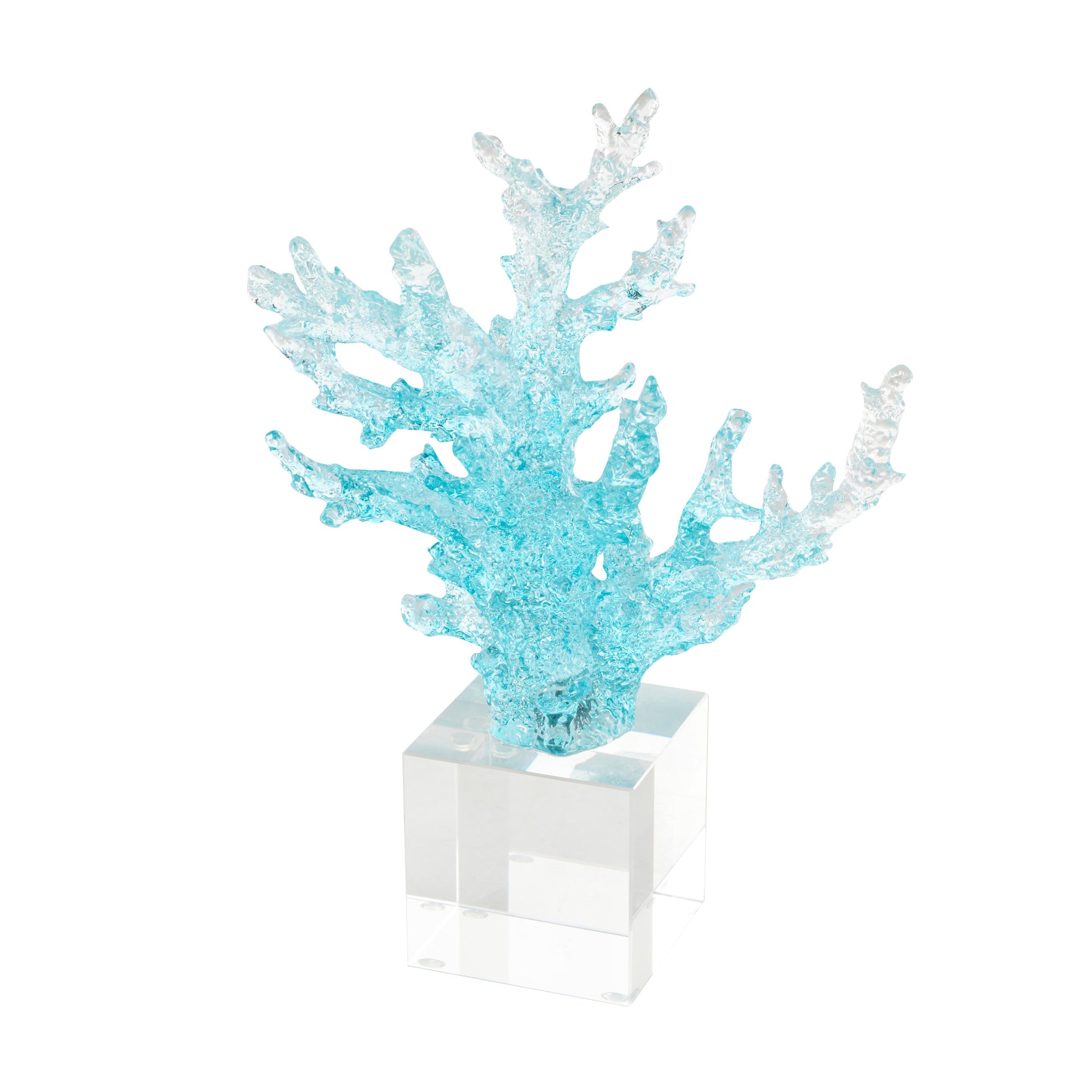 Coral Blue Glass Ombre Decorative Sculpture with Clear Square Base