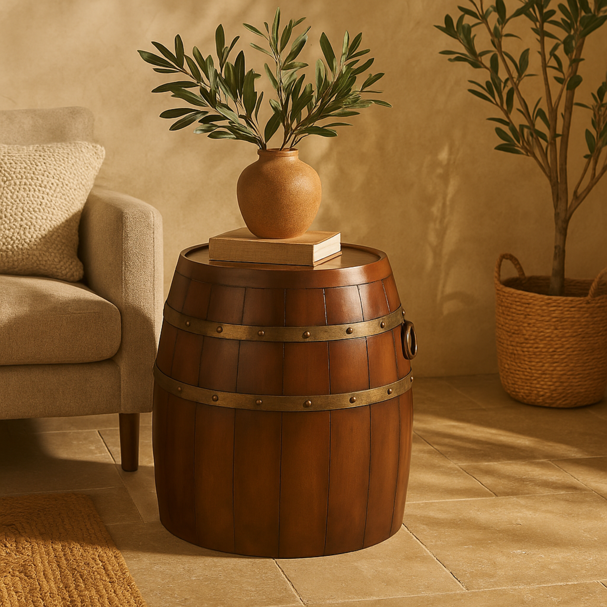 Brown Metal Wine Barrel Side End Accent Table