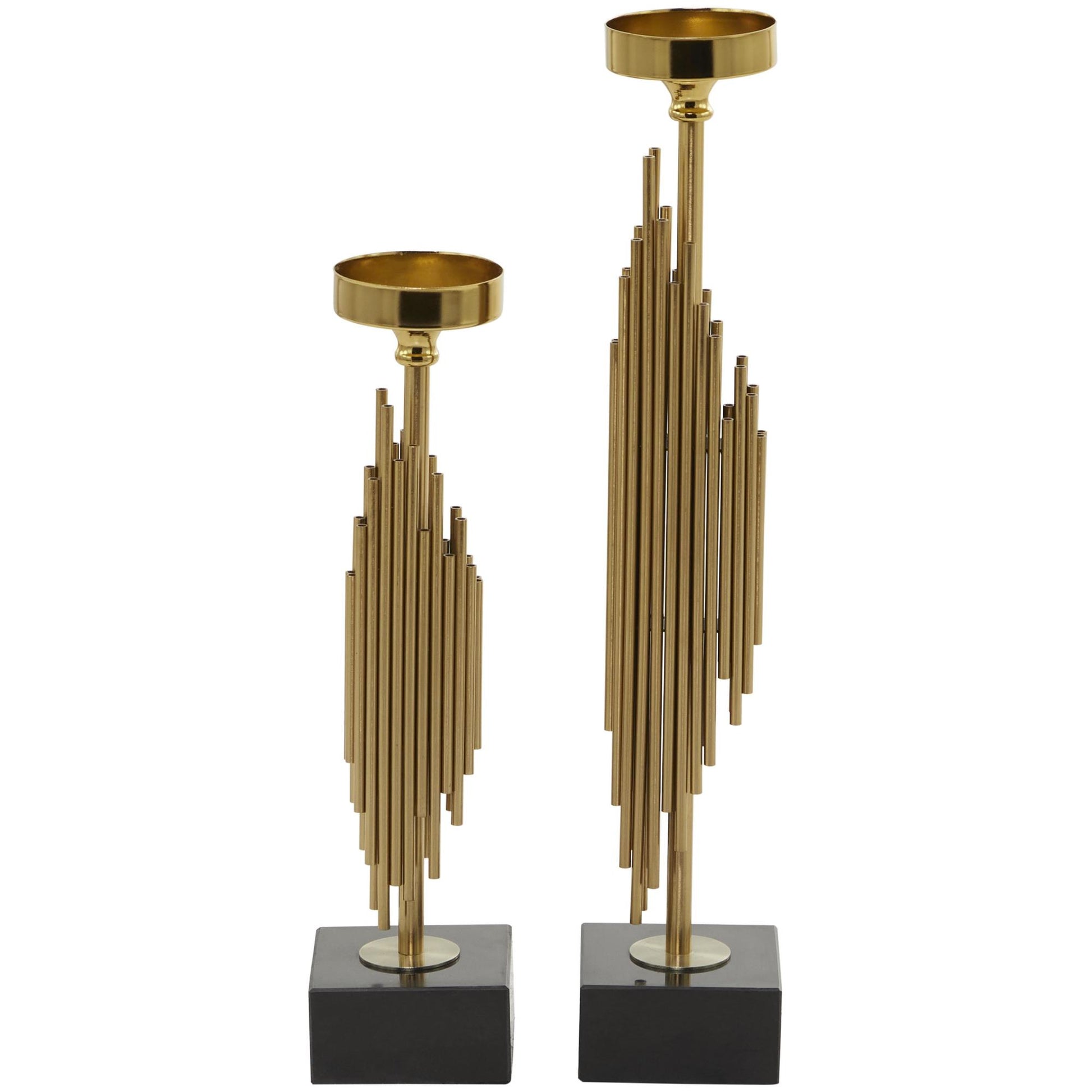 Set of 2 Abstract Gold Stainless Steel Metal Vertical Pipe Decorative Candle Holder with Black Marble Base
