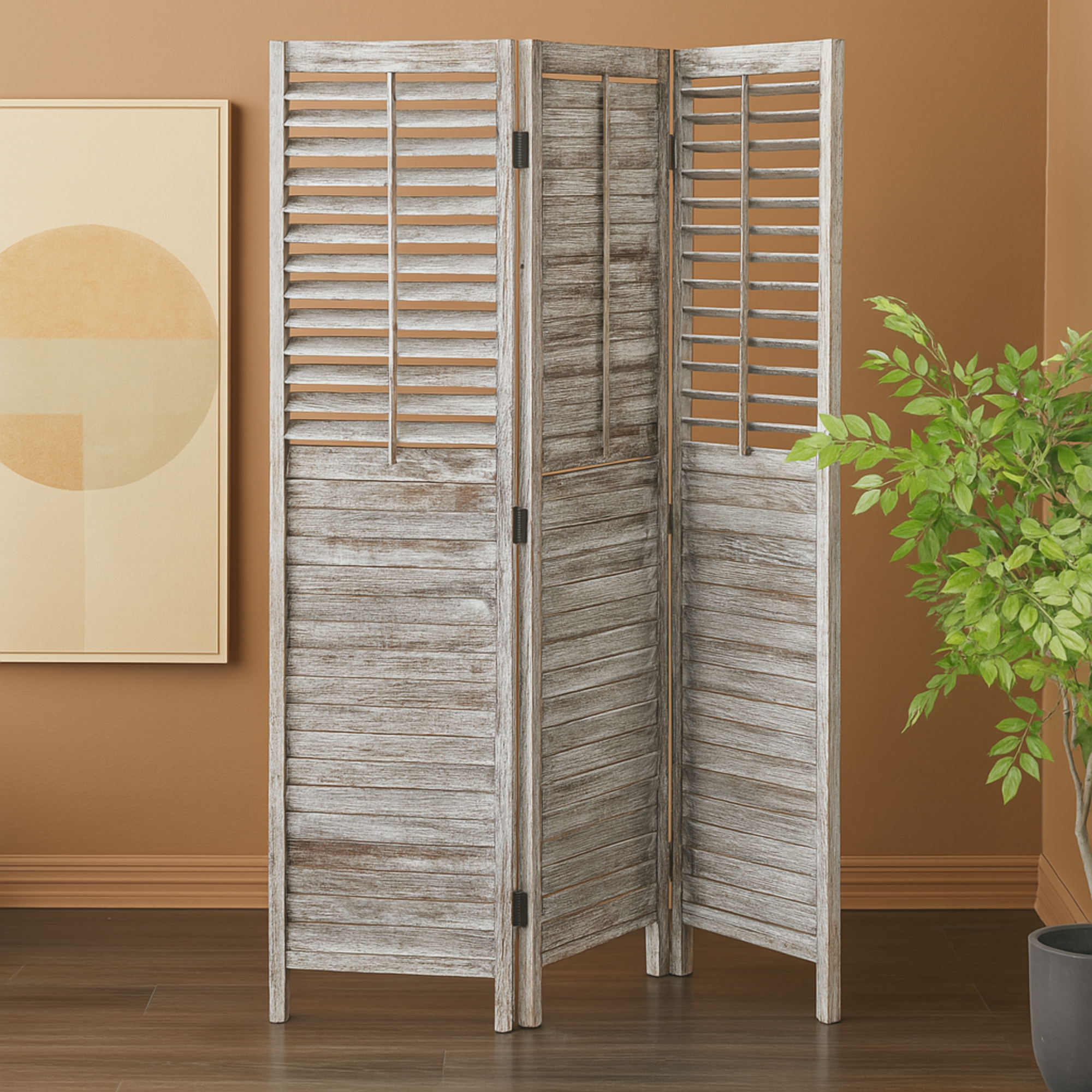 Gray Wood Distressed Shutter Top 3 Panel Partition Room Divider Screen with Brown Accents