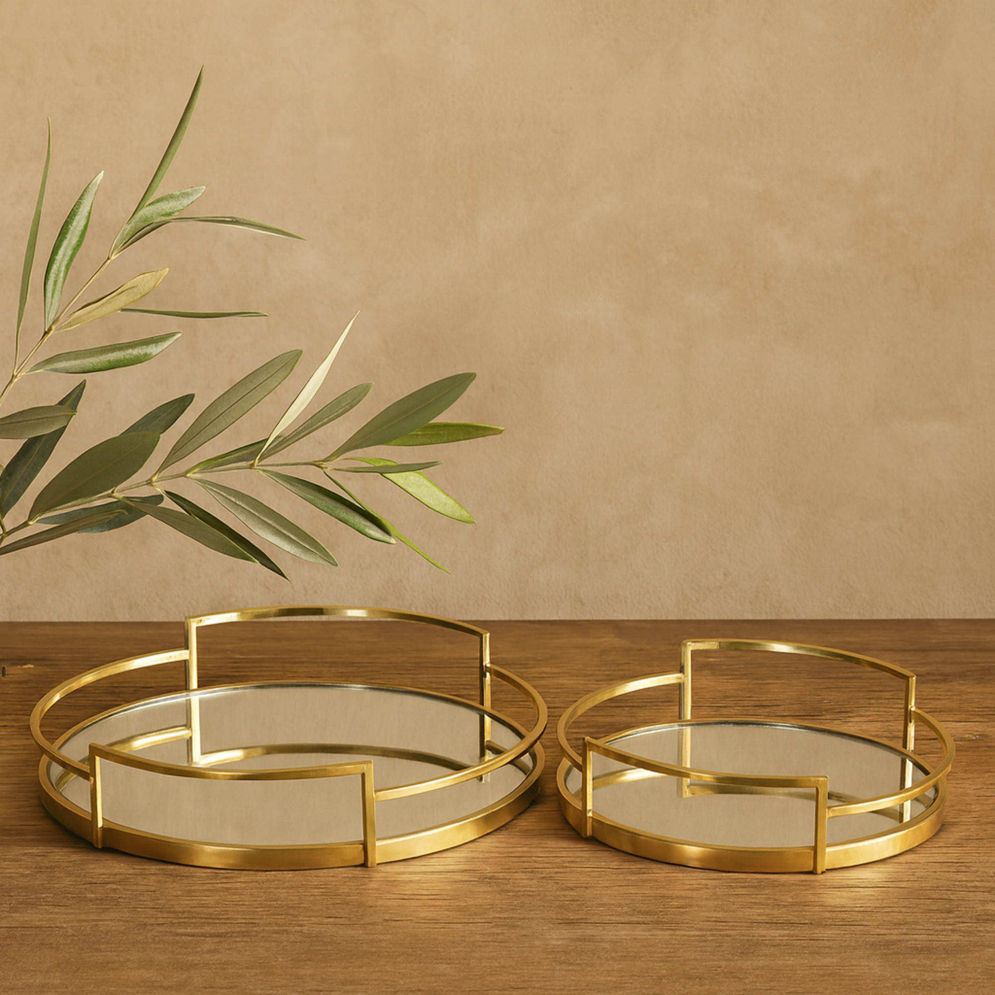 Set of 2 Stainless Steel Metal Round Mirrored Living Room Decor Tray with Elevated Rim and Handles