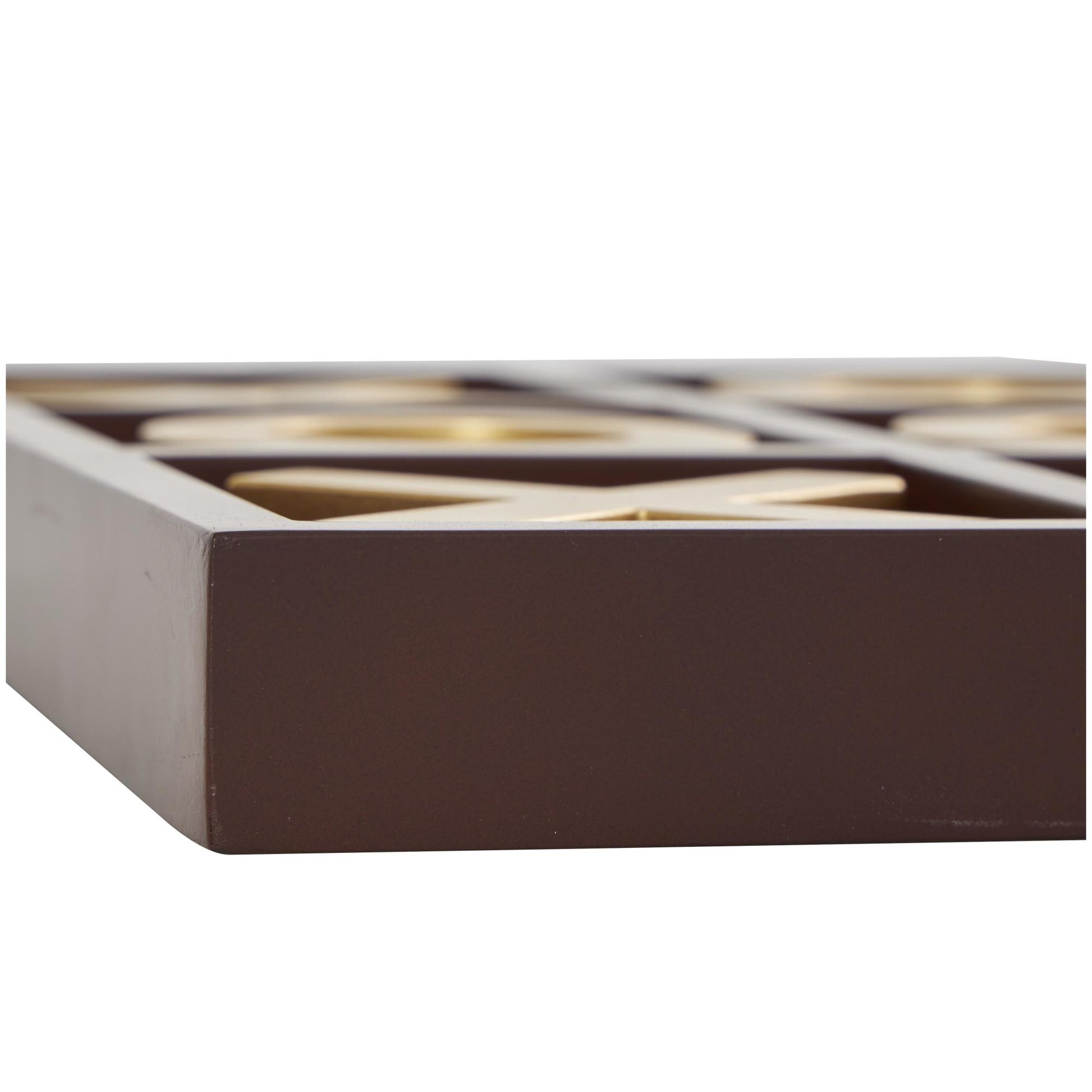 Tic Tac Toe Brown Wooden Home Decor Game Set with Gold X and O Pieces
