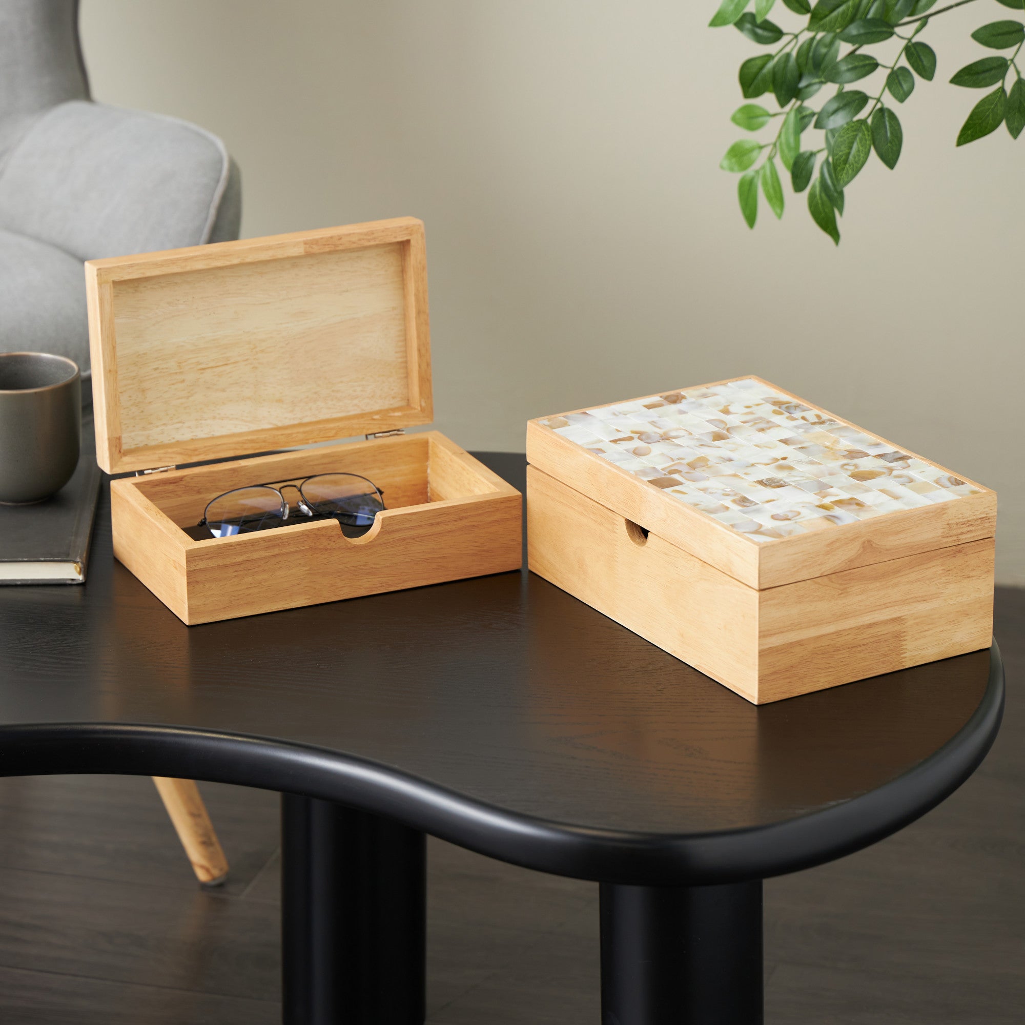 Set of 2 Light Brown Wood Handmade Storage Decorative Box with Seashell Tops