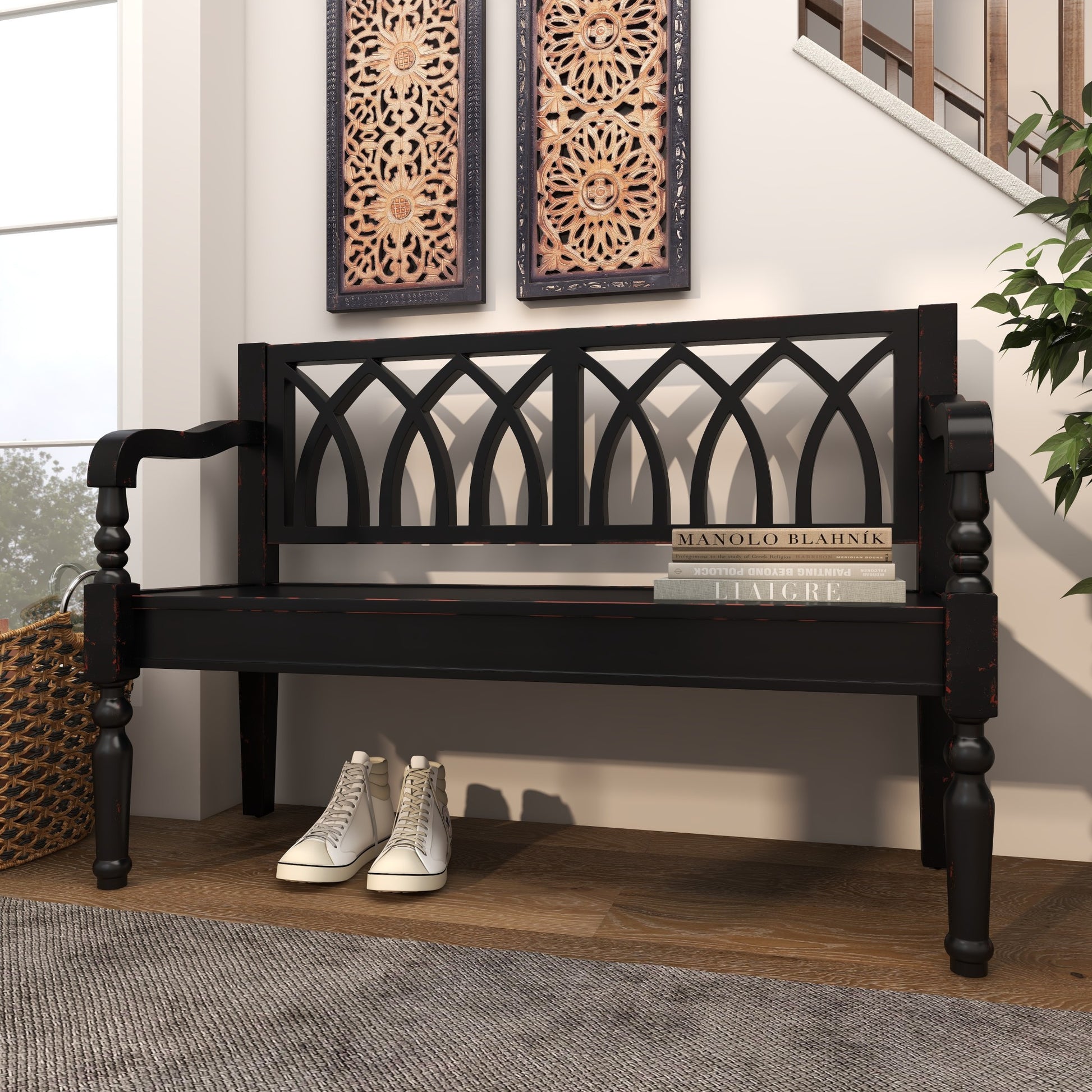 Wood Home Bench with Arched Design Back and Turned Legs 48" x 19" x 36"