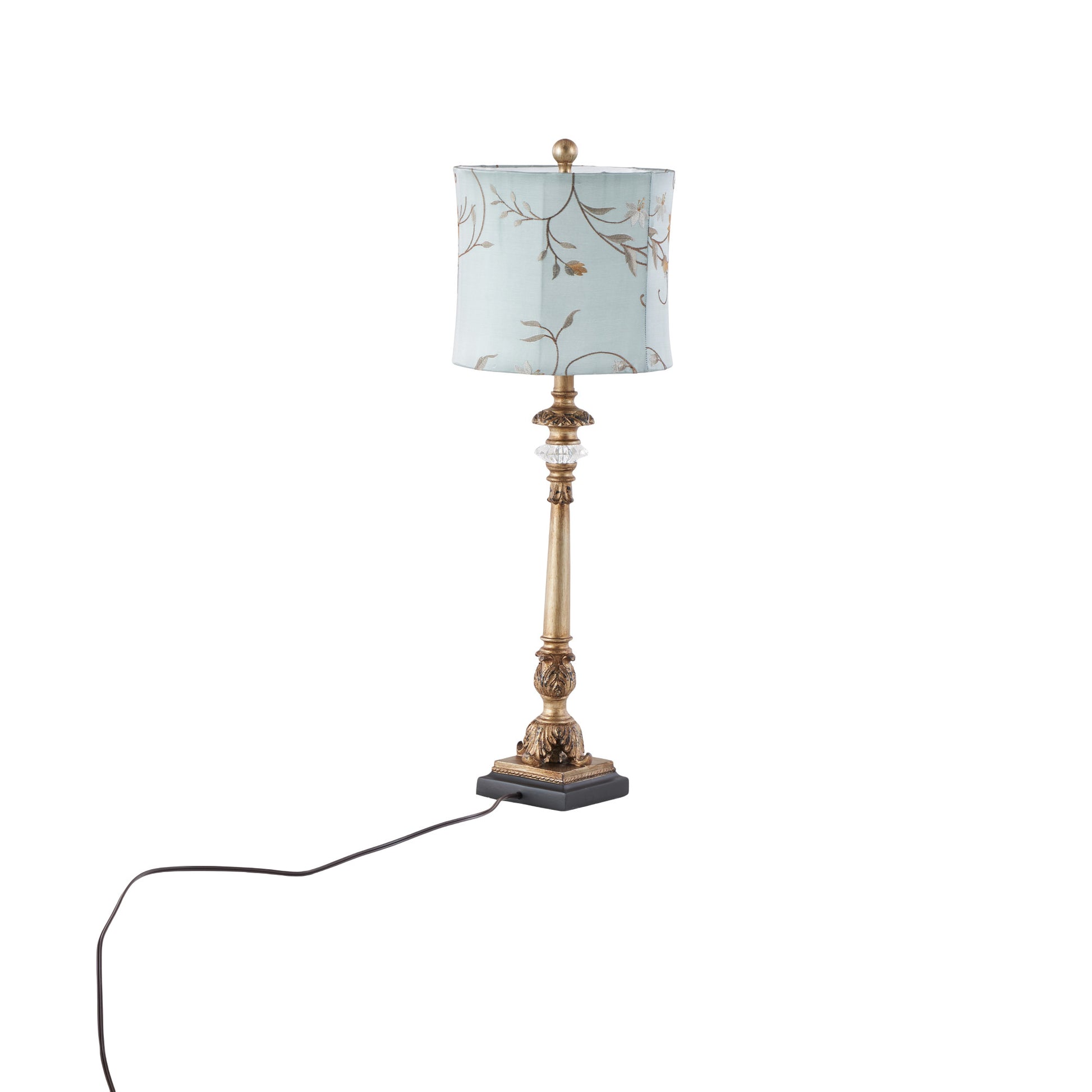 Set of 2 Floral Gold Metal Antique Style Room Buffet Lamp with Light Blue Shade