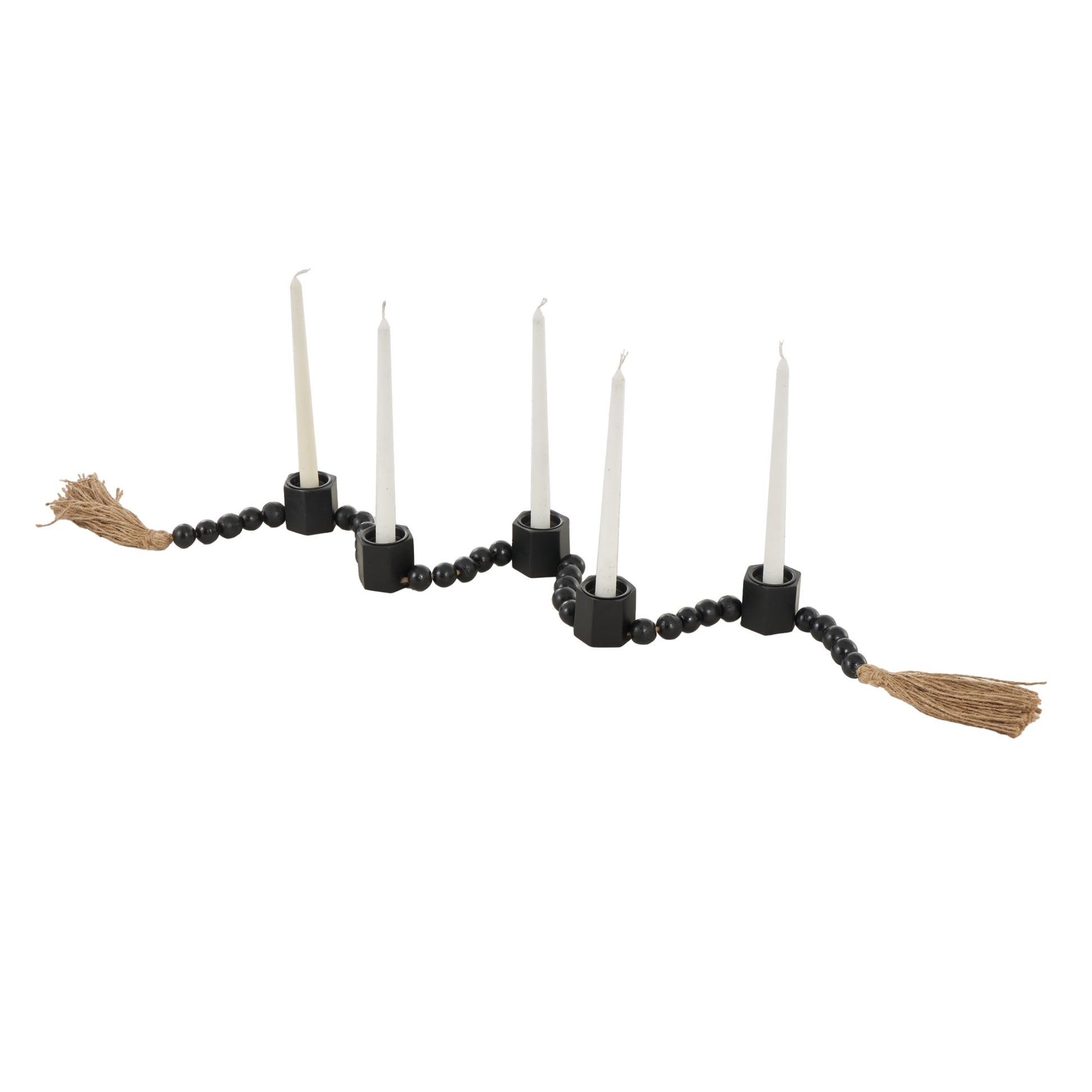 Mango Wood Garland Decorative Candle Holder with Brown Tassel
