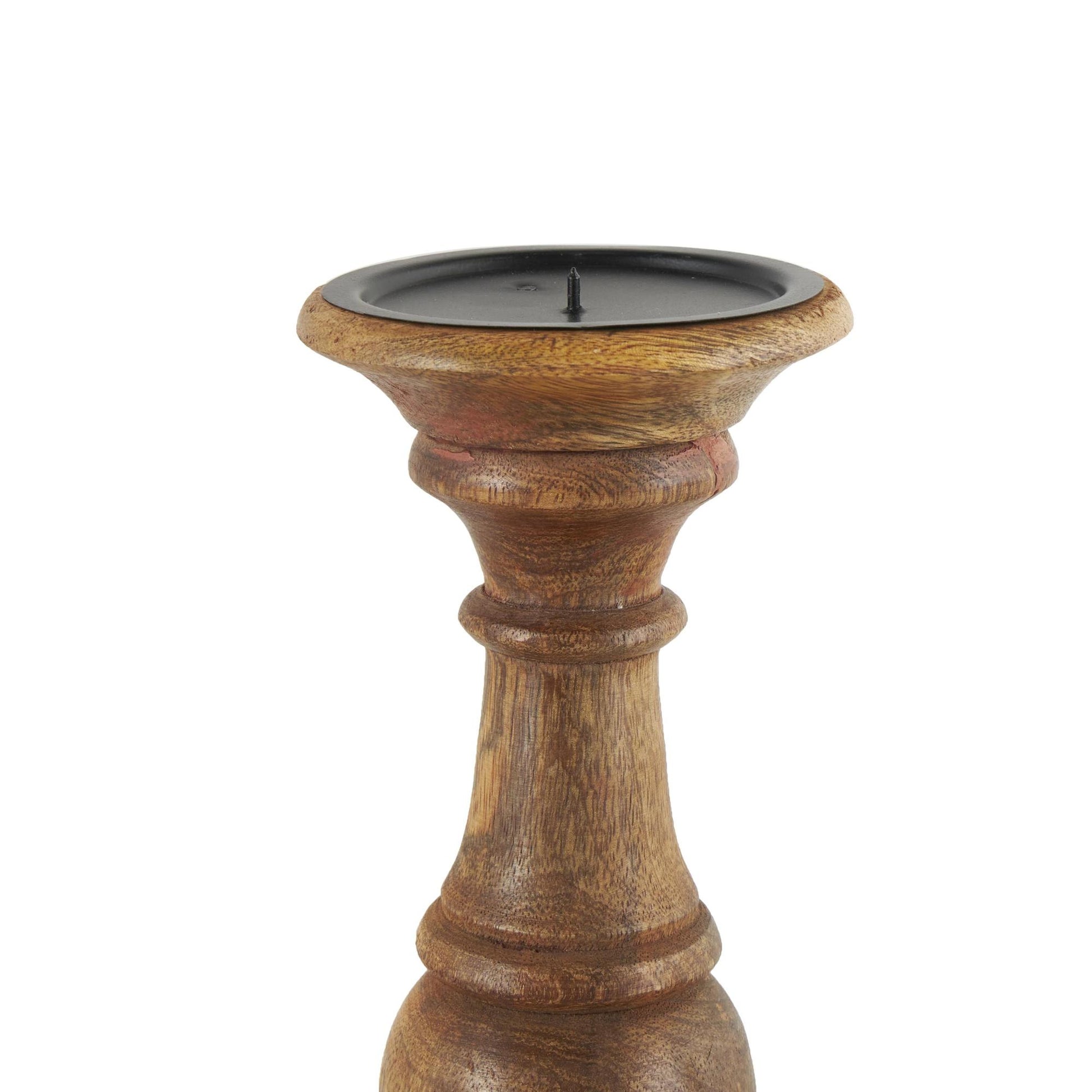 Set of 3 Mango Wood Distressed Turned Pillar Decorative Candle Holder