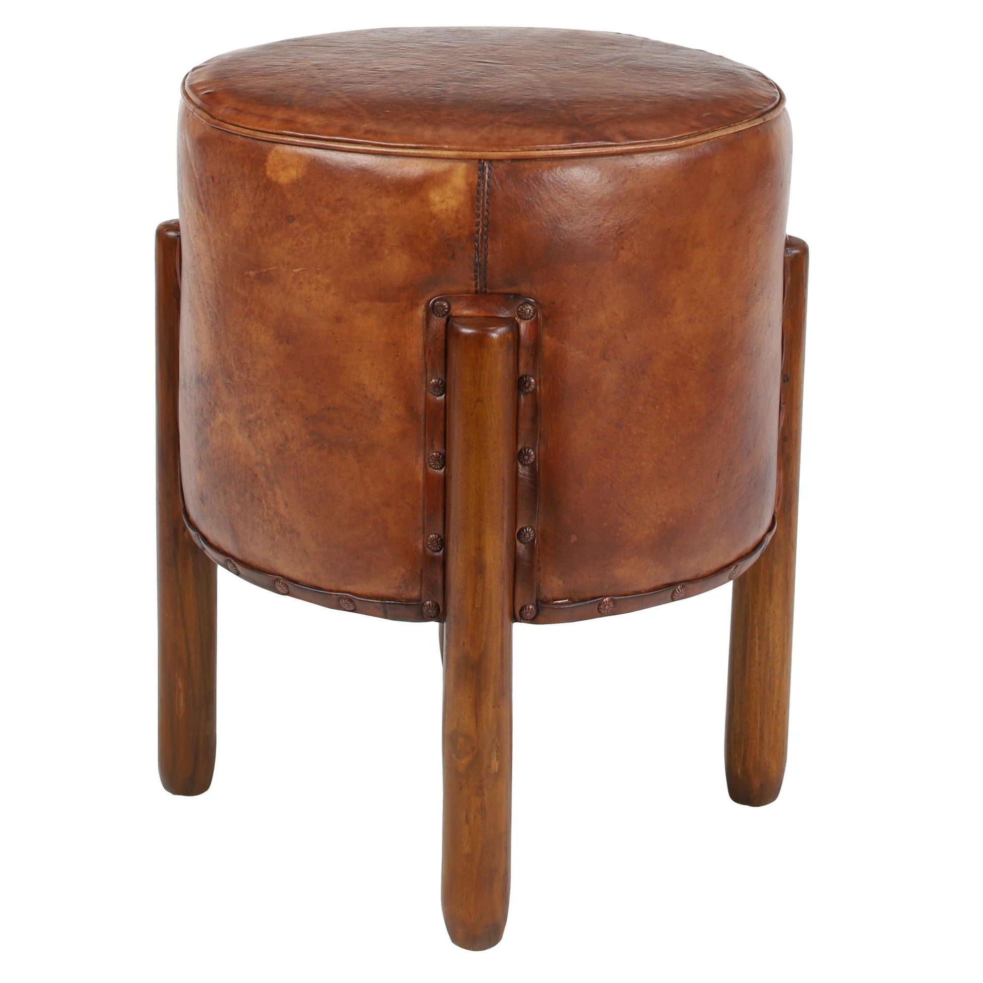 Brown Teak Wood Handmade Upholstered Leather Living Room Stool with Wood Legs