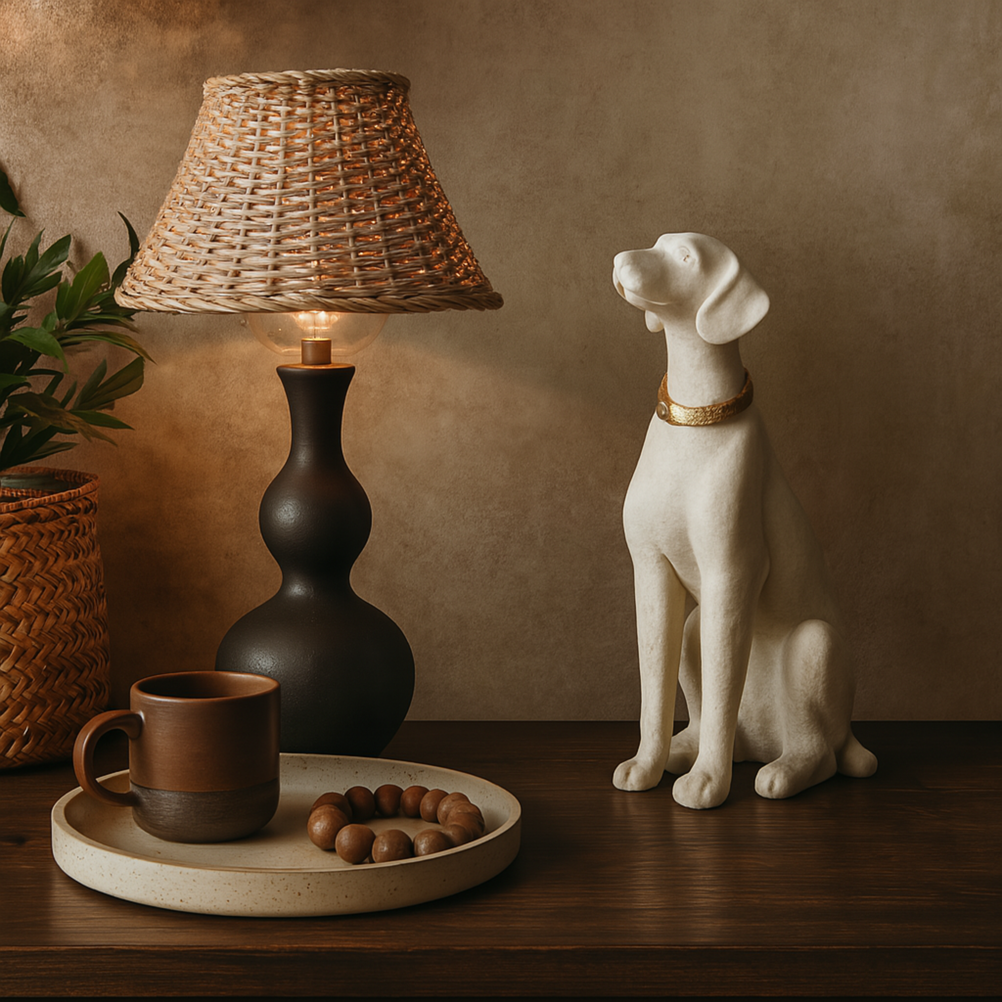 Dog Cream Polystone Sitting Decorative Sculpture with Gold Collar