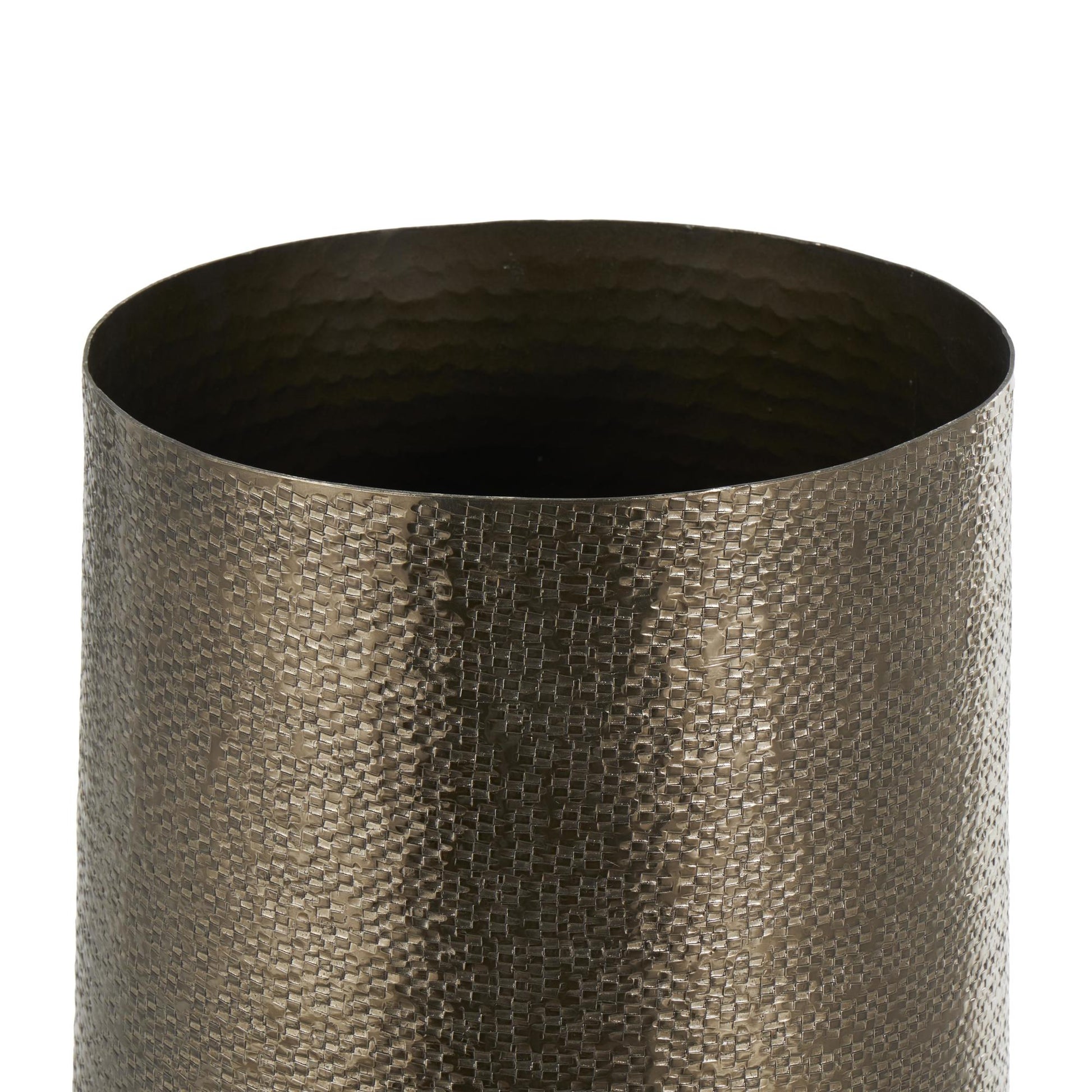 Geometric Brass Aluminum Metal Textured Wide Floor Decorative Vase with Elevated Base