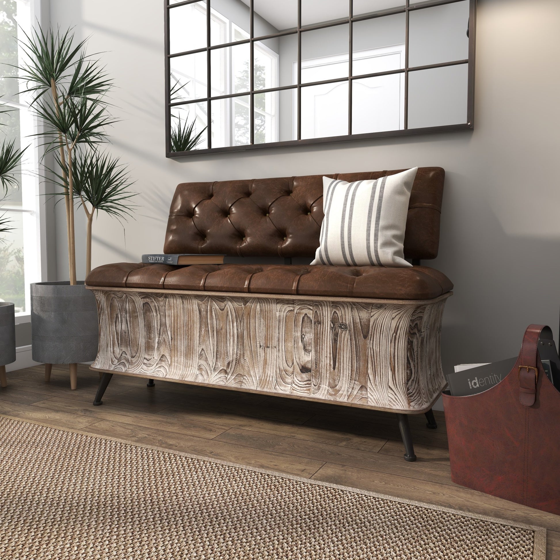 Brown Wood Room Storage Bench with Tufted Faux Leather Seat and Back