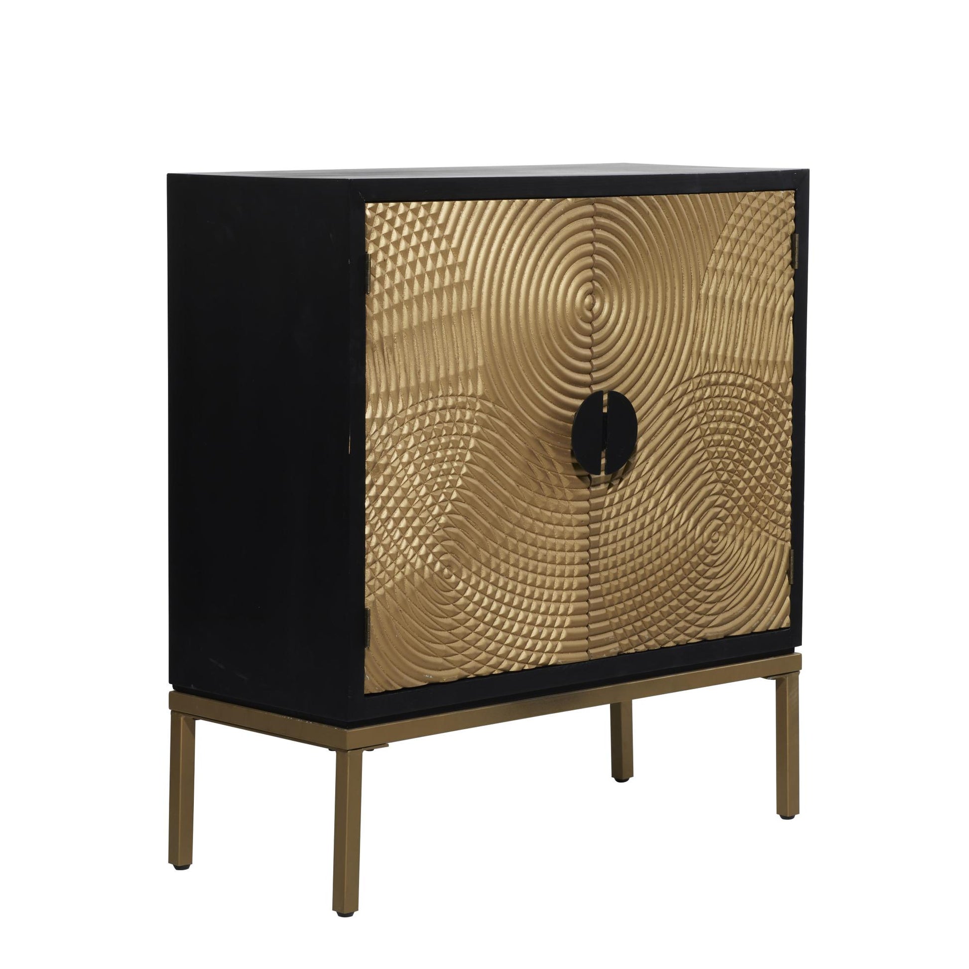 Geometric Bronze Wood Relief Ripple Design 2 Door Room Cabinet with Crescent Moon Handles