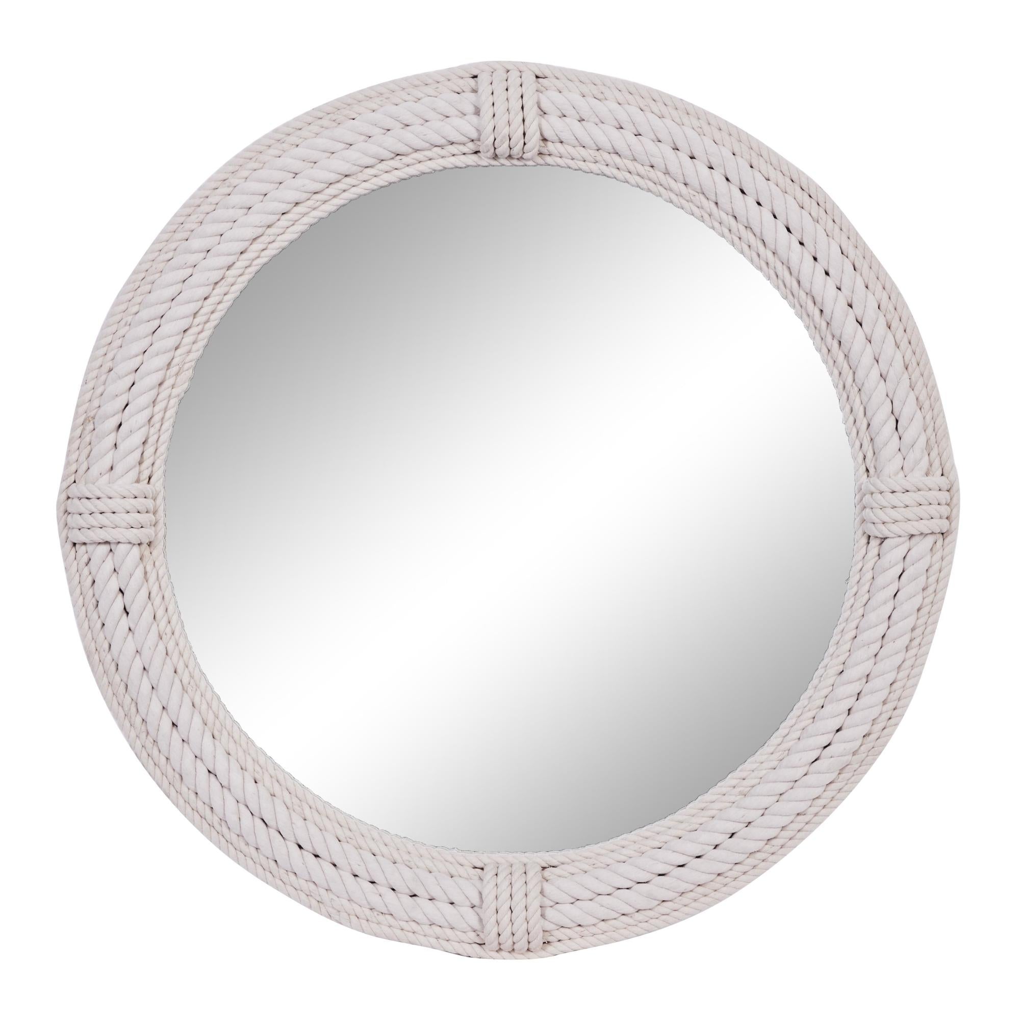 White Wooden Coiled Rope Room Wall Mirror with Wrapped Rope Accents