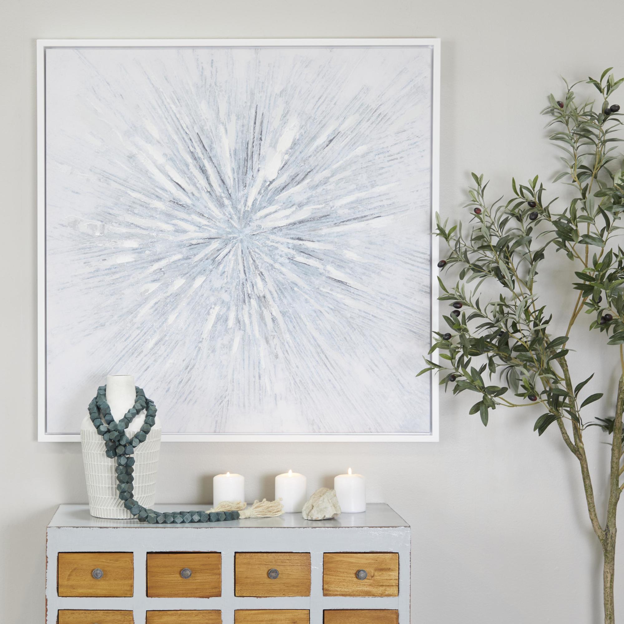 CosmoLiving by Cosmopolitan Starburst White Canvas Radial Living Room Framed Wall Art with Silver Frame