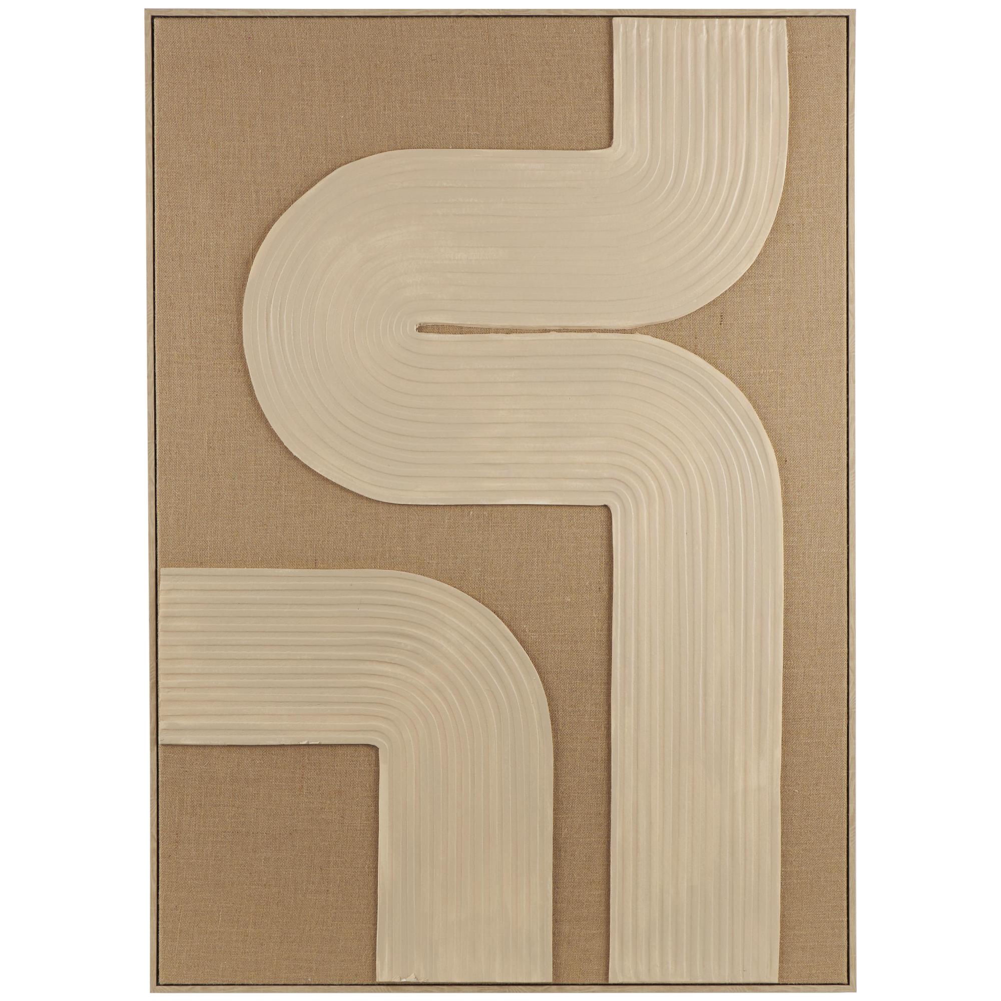 Abstract Brown Canvas Textured Living Room Framed Wall Art with Tan Ribbed Curve Shapes