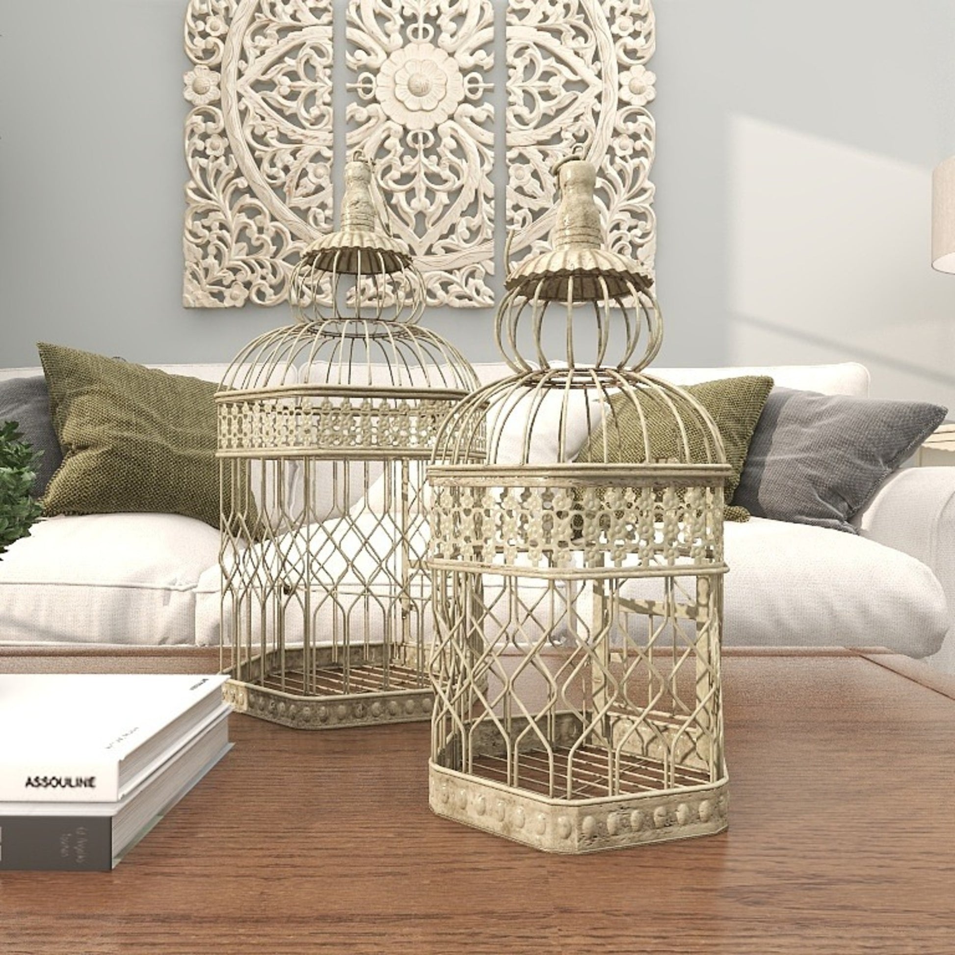 Set of 2 Scroll Cream Metal Distressed Wire Decorative Birdcage with Latch Lock Closure and Hanging Hook