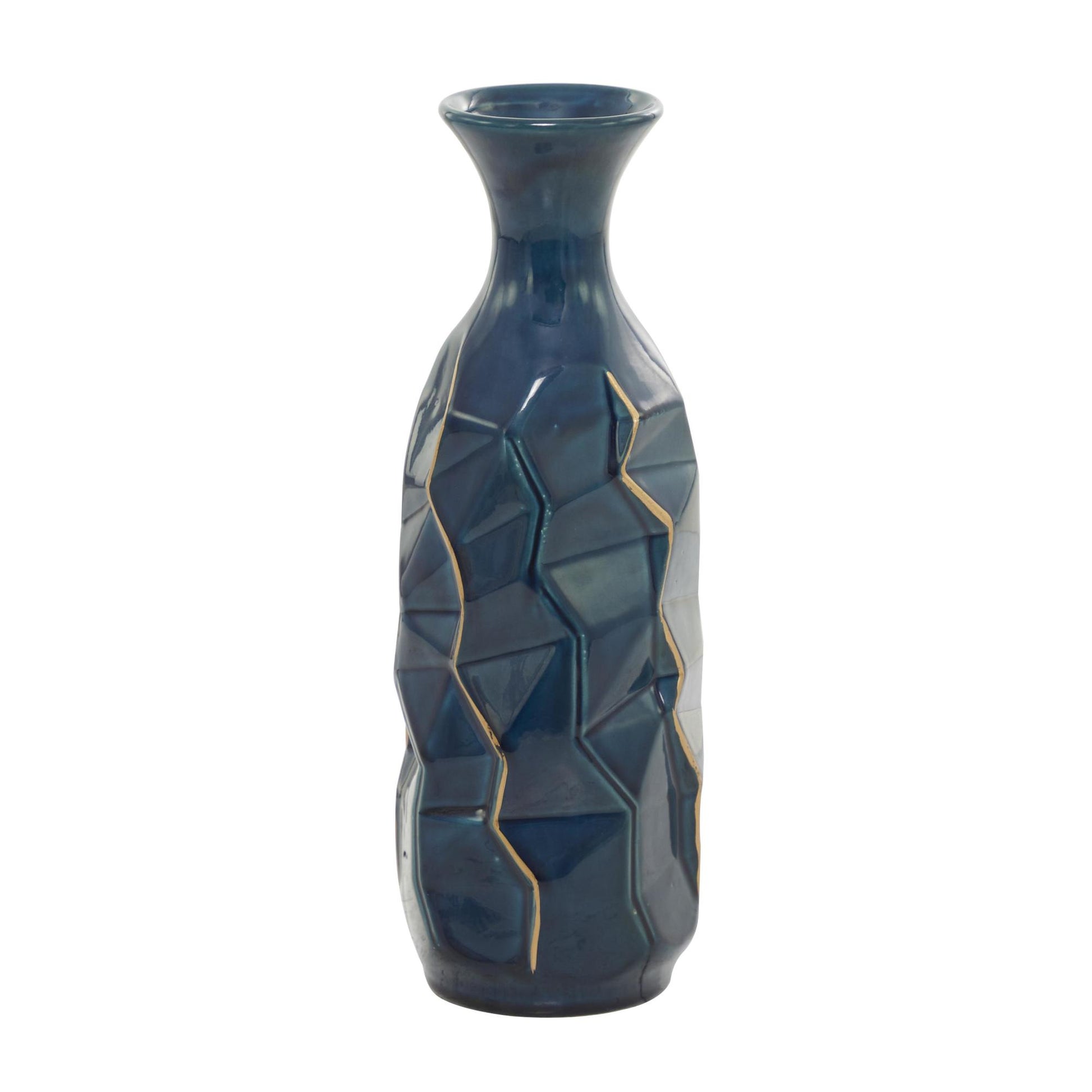Teal Ceramic Geometric Floor Decorative Vase with Gold Accents