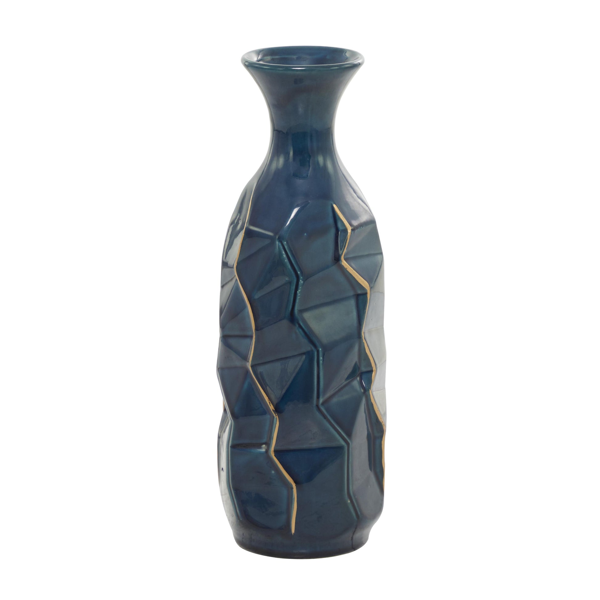 Teal Ceramic Geometric Floor Decorative Vase with Gold Accents