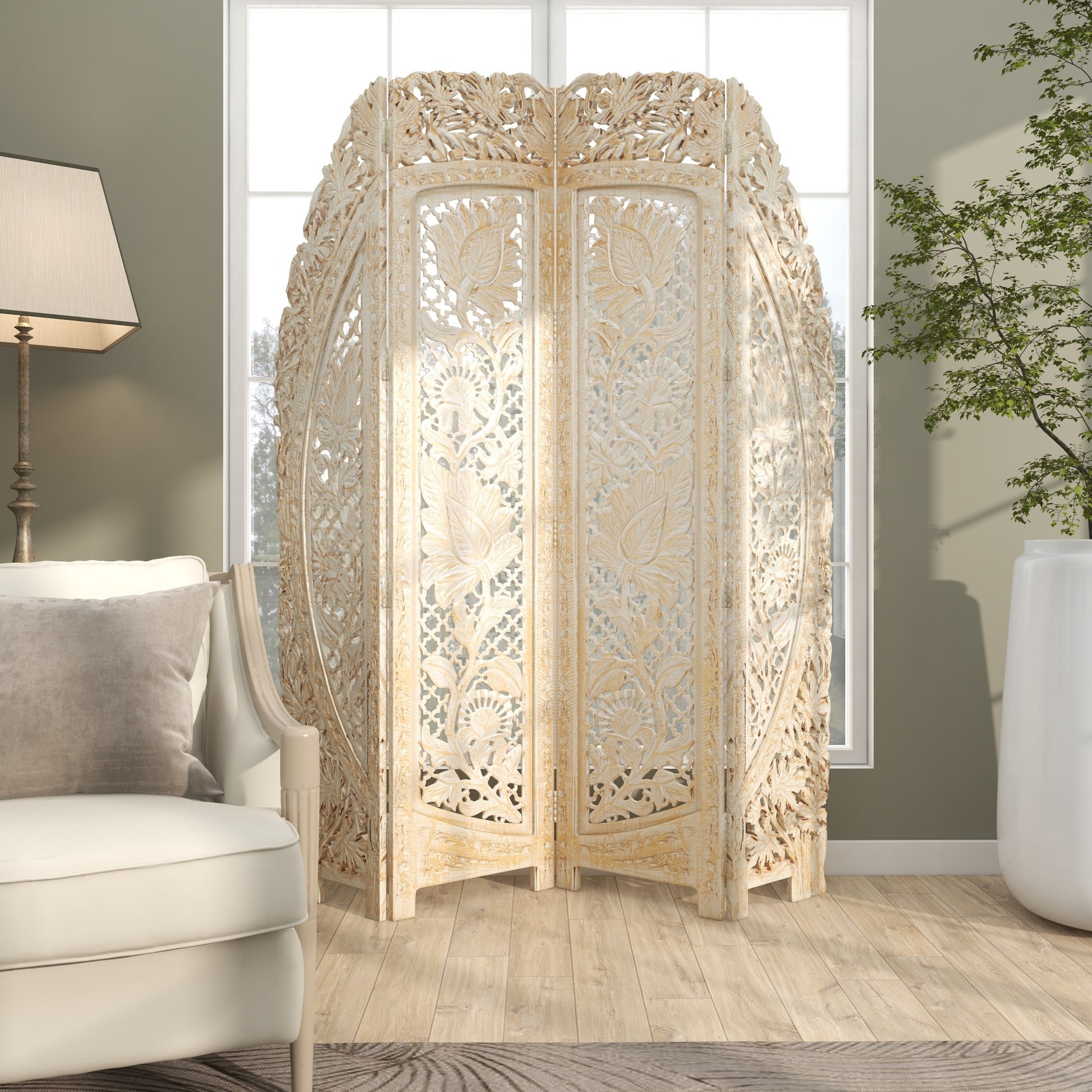 Floral White Wood Handmade Foldable Partition 4 Panel Partition Room Divider Screen with Carved Designs