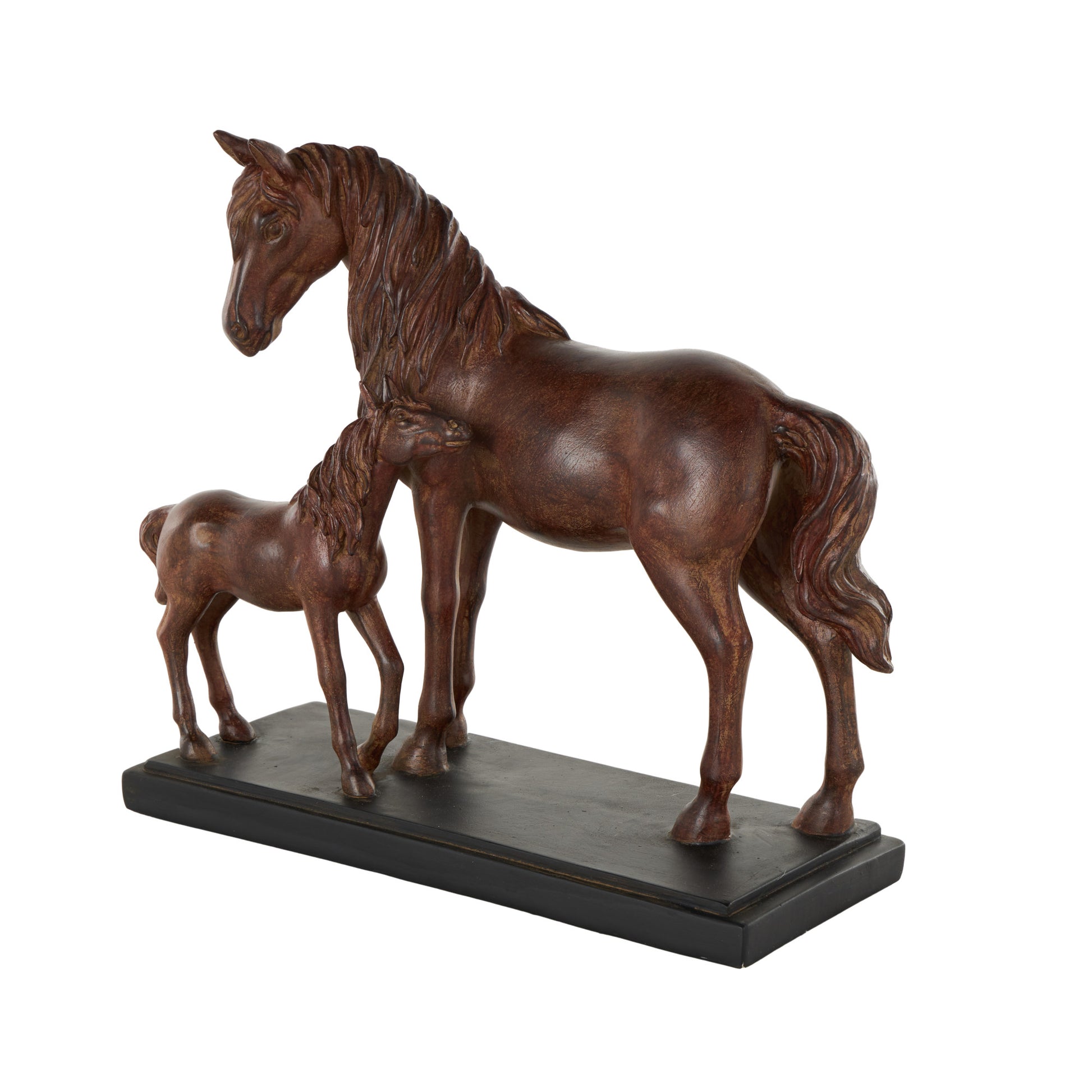 Horse Dark Brown Ceramic Mom and Baby Decorative Sculpture with Black Rectangle Base
