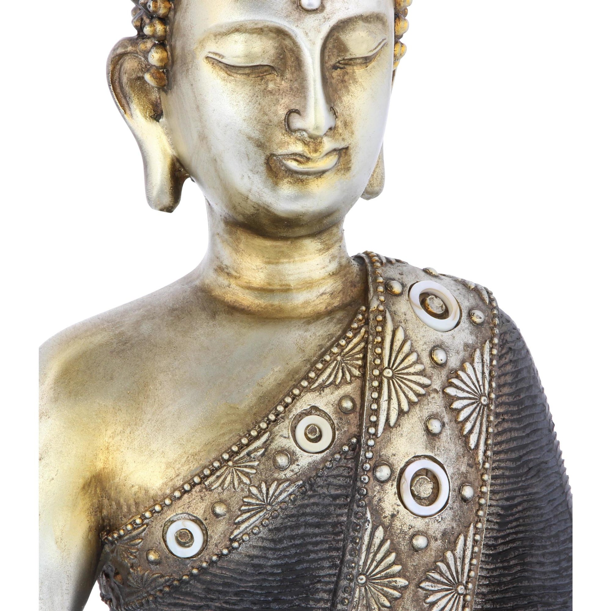 Buddha Brass Polystone Meditating Decorative Sculpture with Engraved Carvings and Relief Detailing