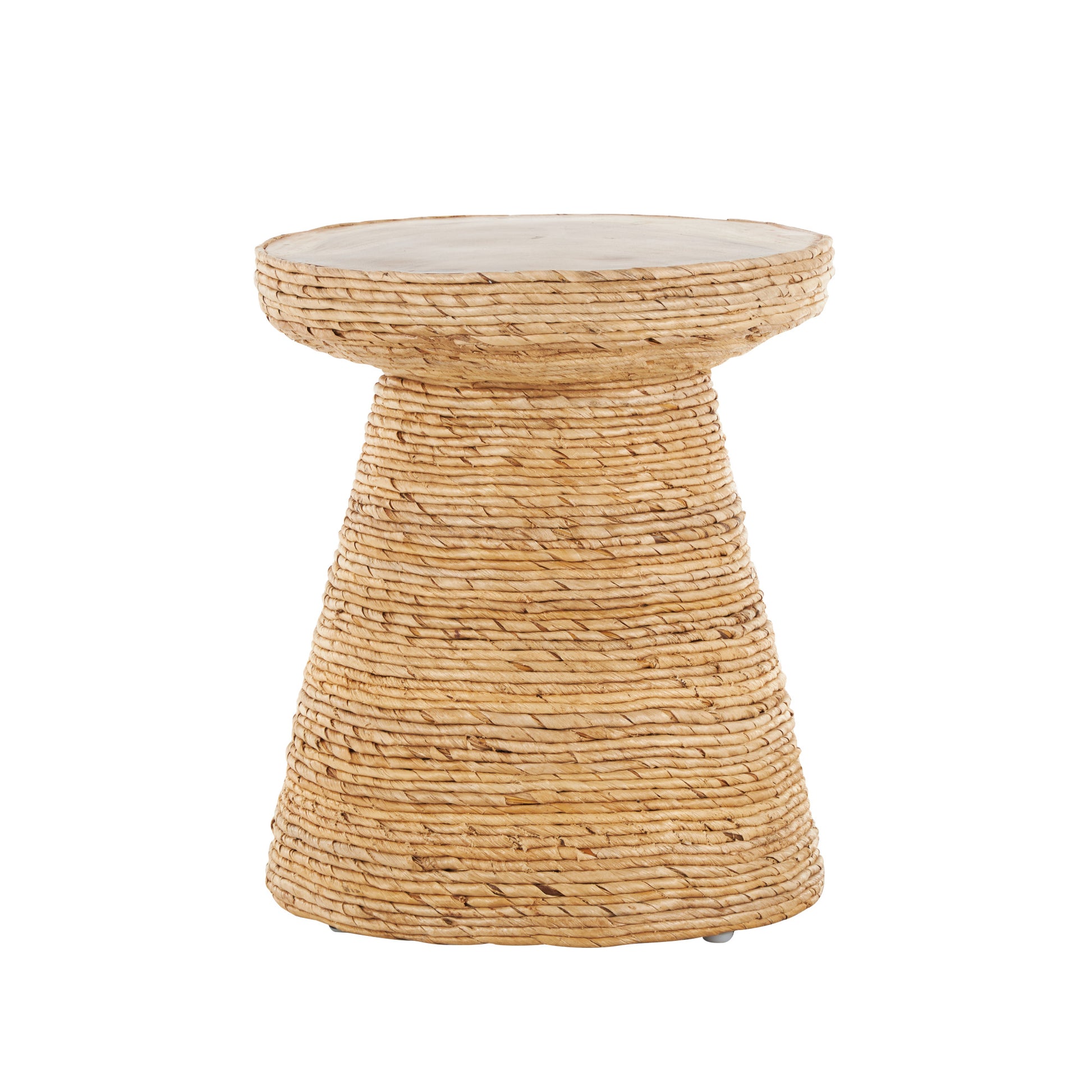 Brown Banana Leaf Handmade Woven Side End Accent Table with Wooden Tabletop