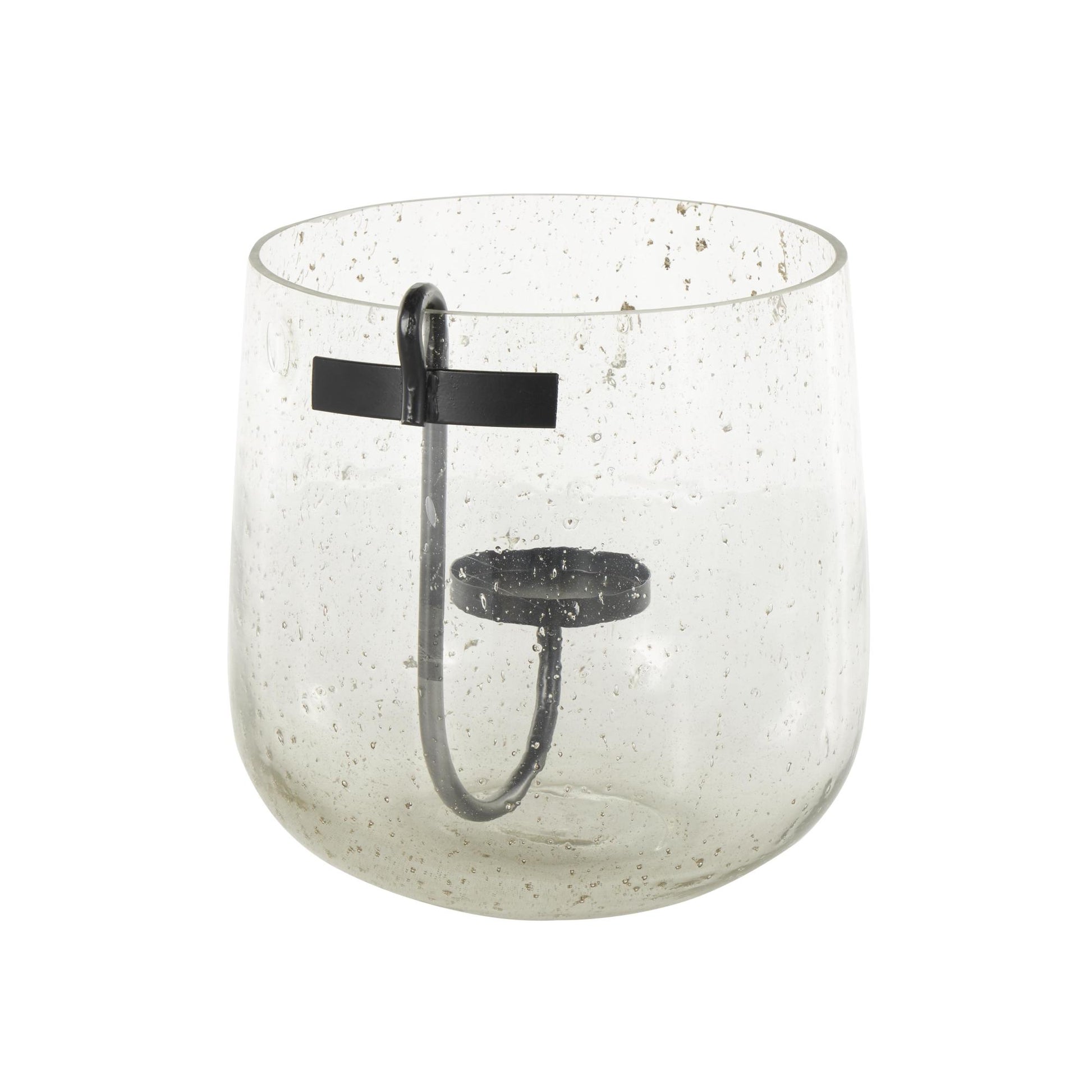 Clear Glass Decorative Candle Holder with Black Metal Accents and Brown Speckles