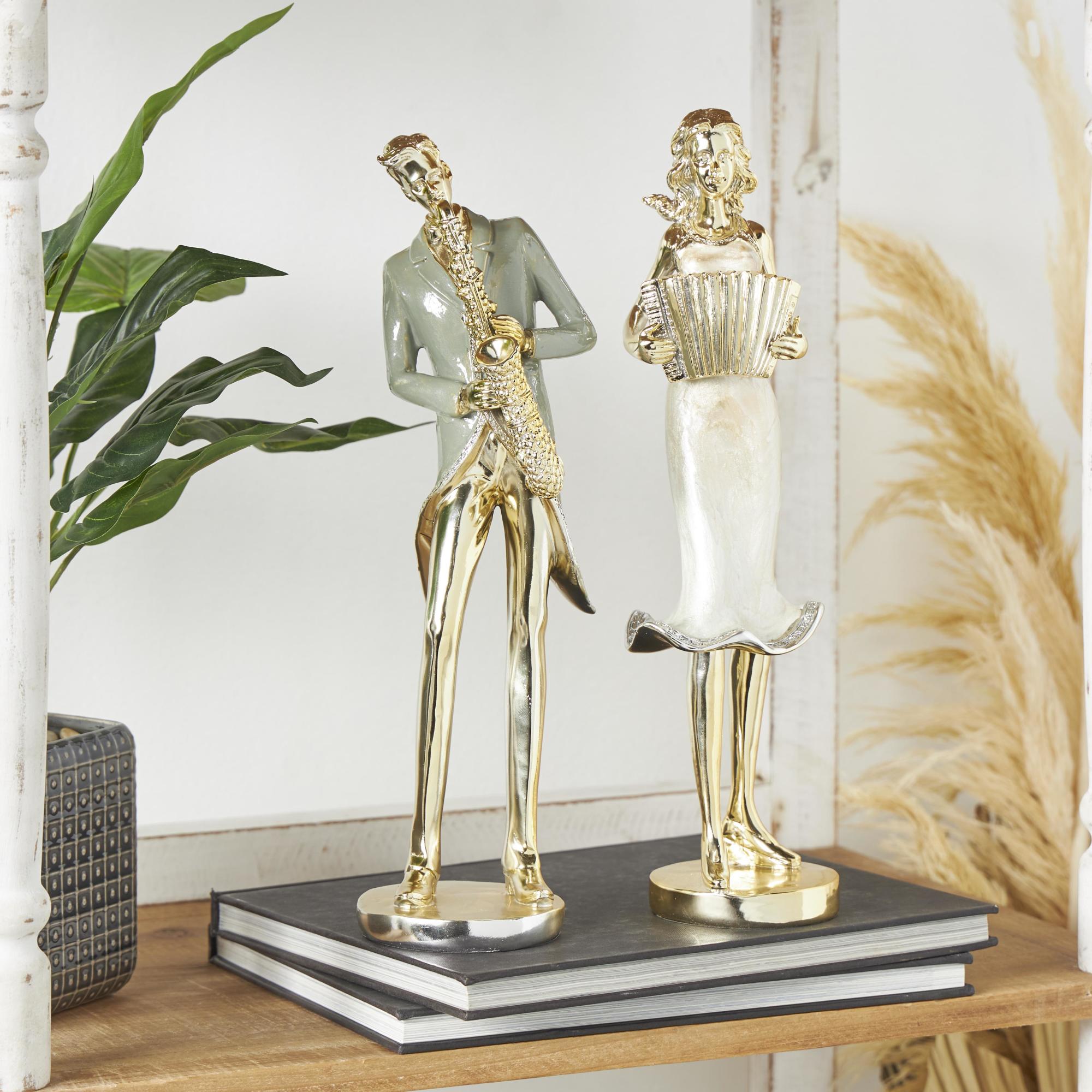Set of 2 Musician Gold Resin Decorative Sculpture with Accordion and Saxophone