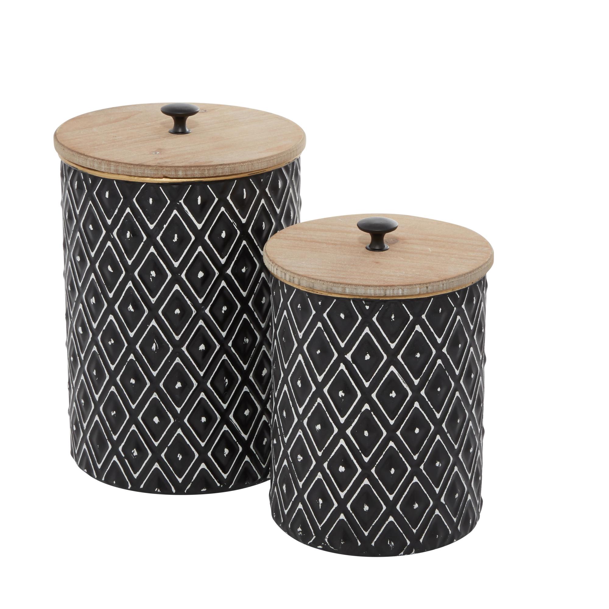 Set of 2 Geometric Black Metal Living Room Decorative Jars with Wood Lids