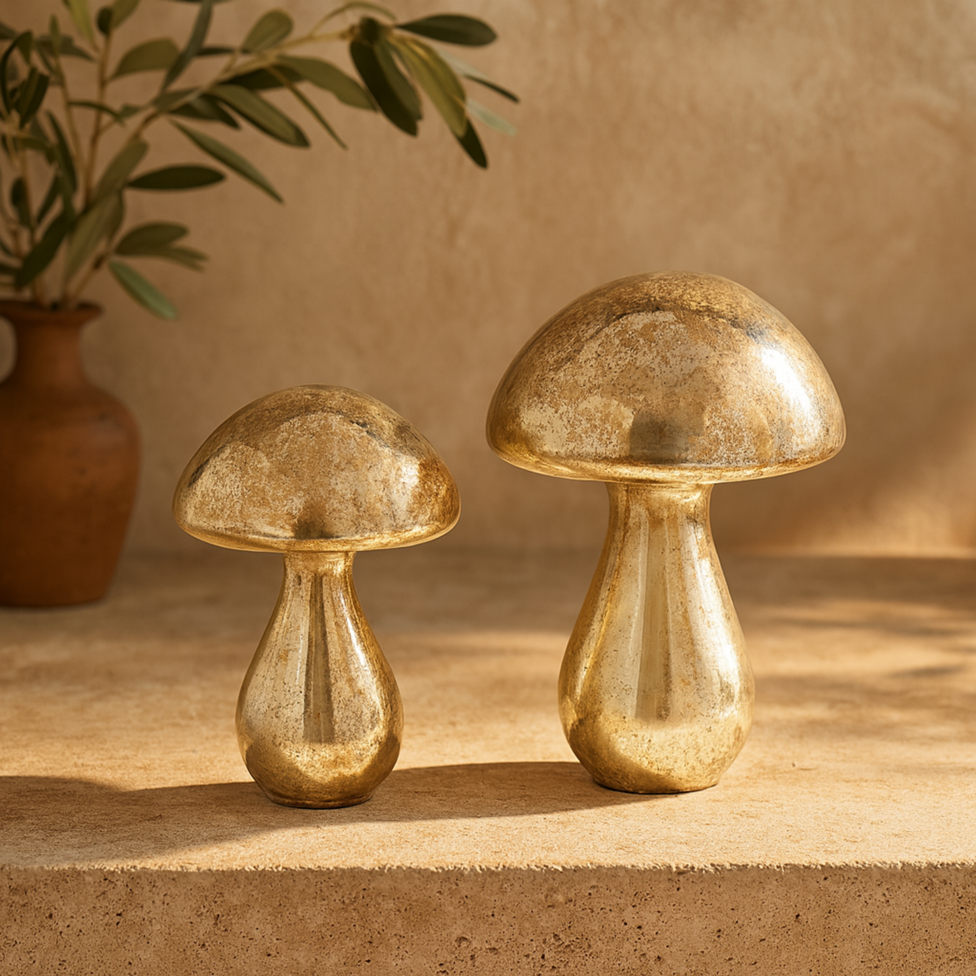 Set of 2 Mushroom Glass Handmade Glossy Weathered Decorative Sculpture