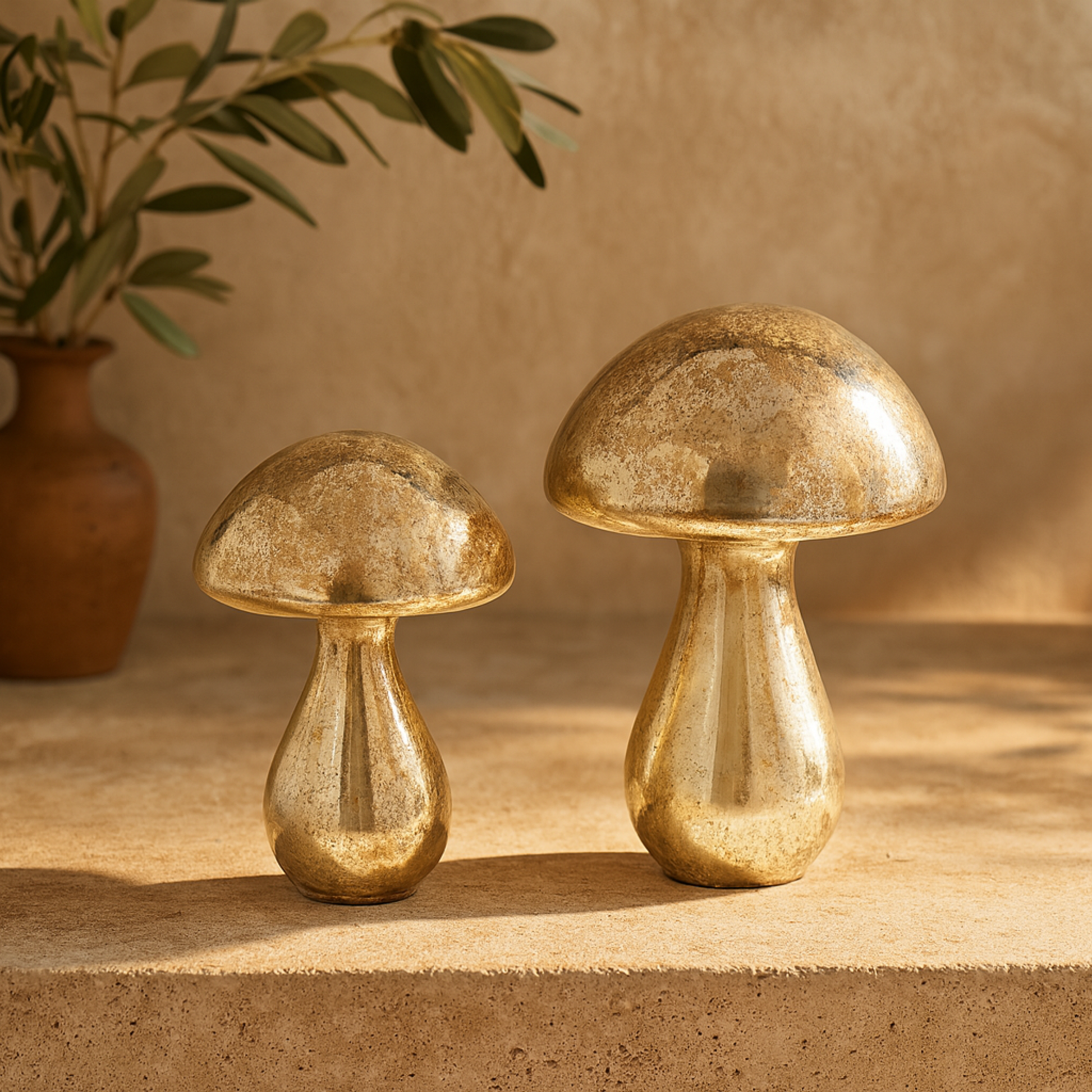 Set of 2 Mushroom Glass Handmade Glossy Weathered Decorative Sculpture