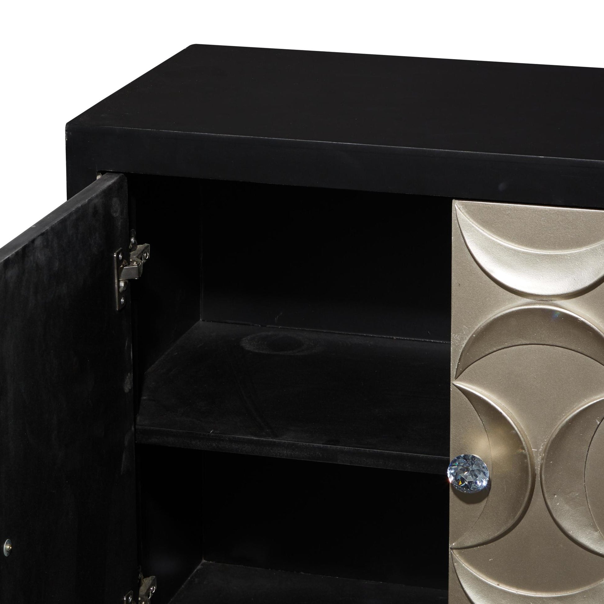 Moon Black Wooden Silver Crescent Relief Design 2 Door Room Cabinet with Crystal Knob Handles