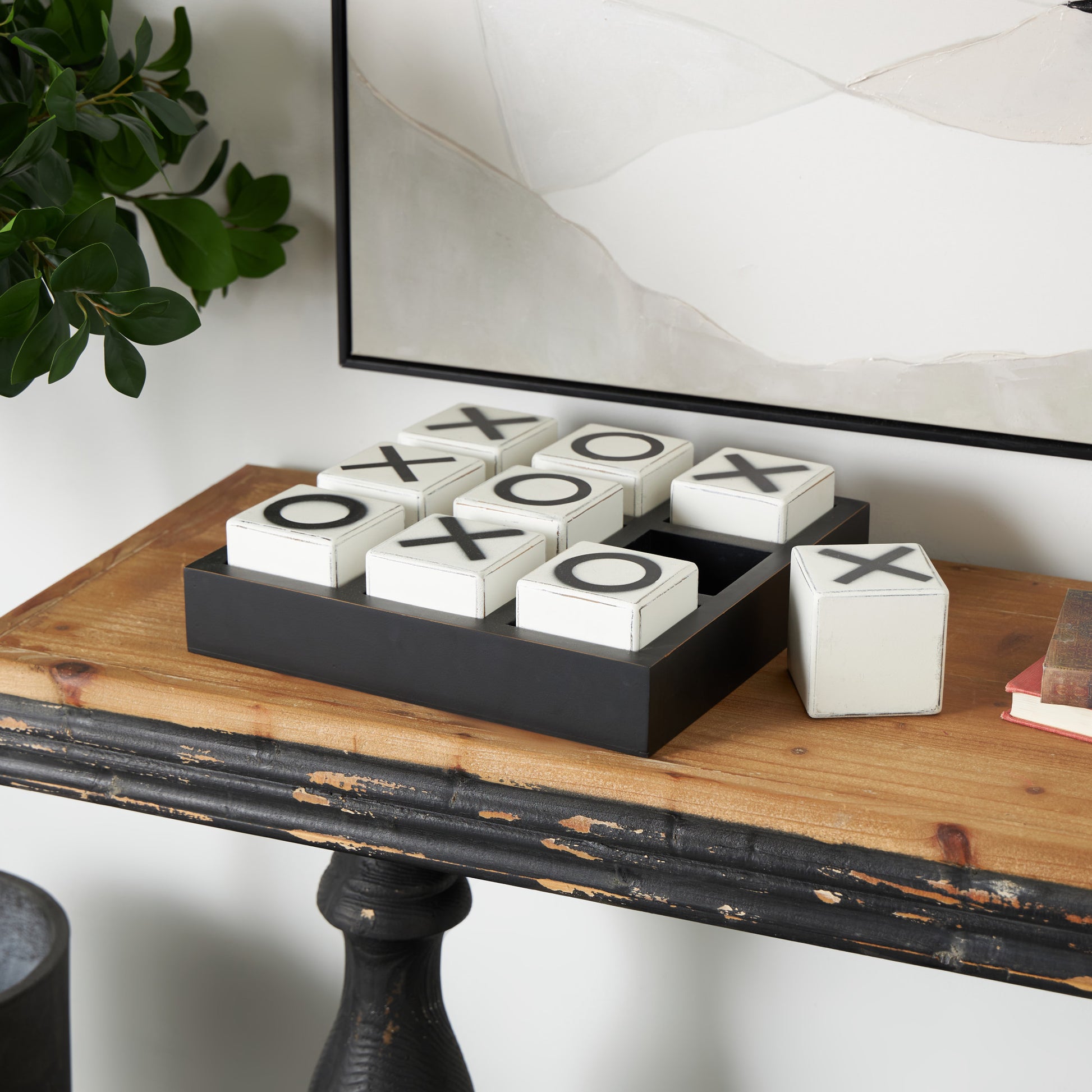 Tic Tac Toe Black Wooden Home Decor Game Set with White Block Pieces
