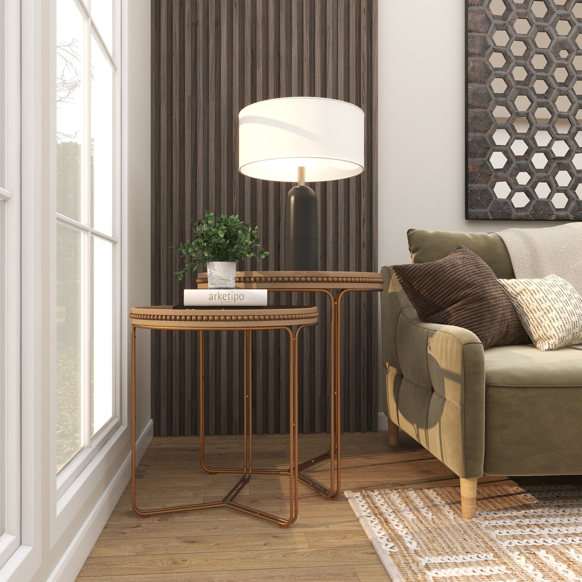 Set of 2 Brown Wooden Round Beaded Nesting Side End Accent Table