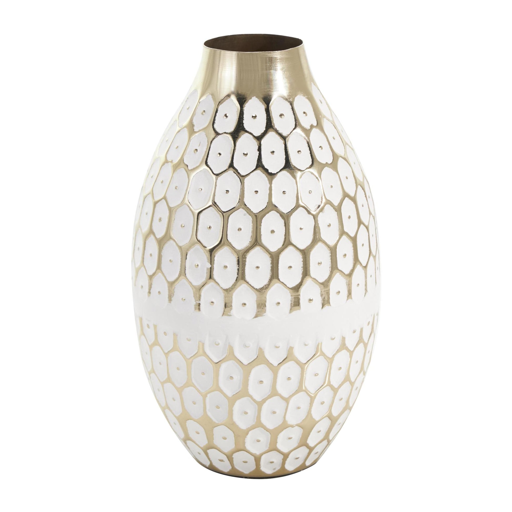 Geometric Gold Metal Geometric Dot Decorative Vase with White Accents