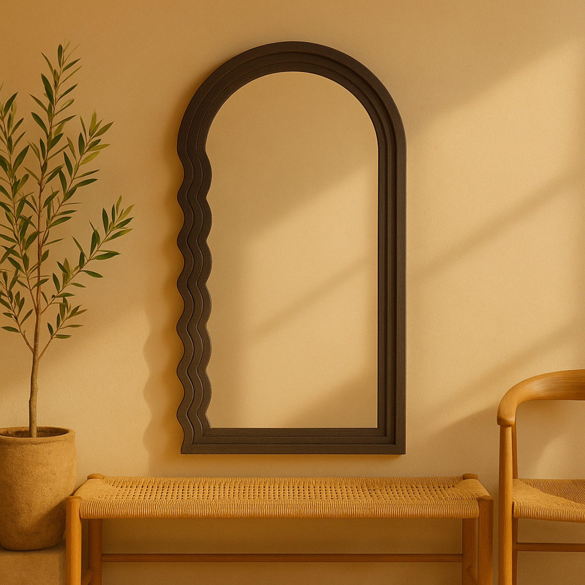Black Wood Handmade Wavy Room Wall Mirror with Dimensional Carved Frame