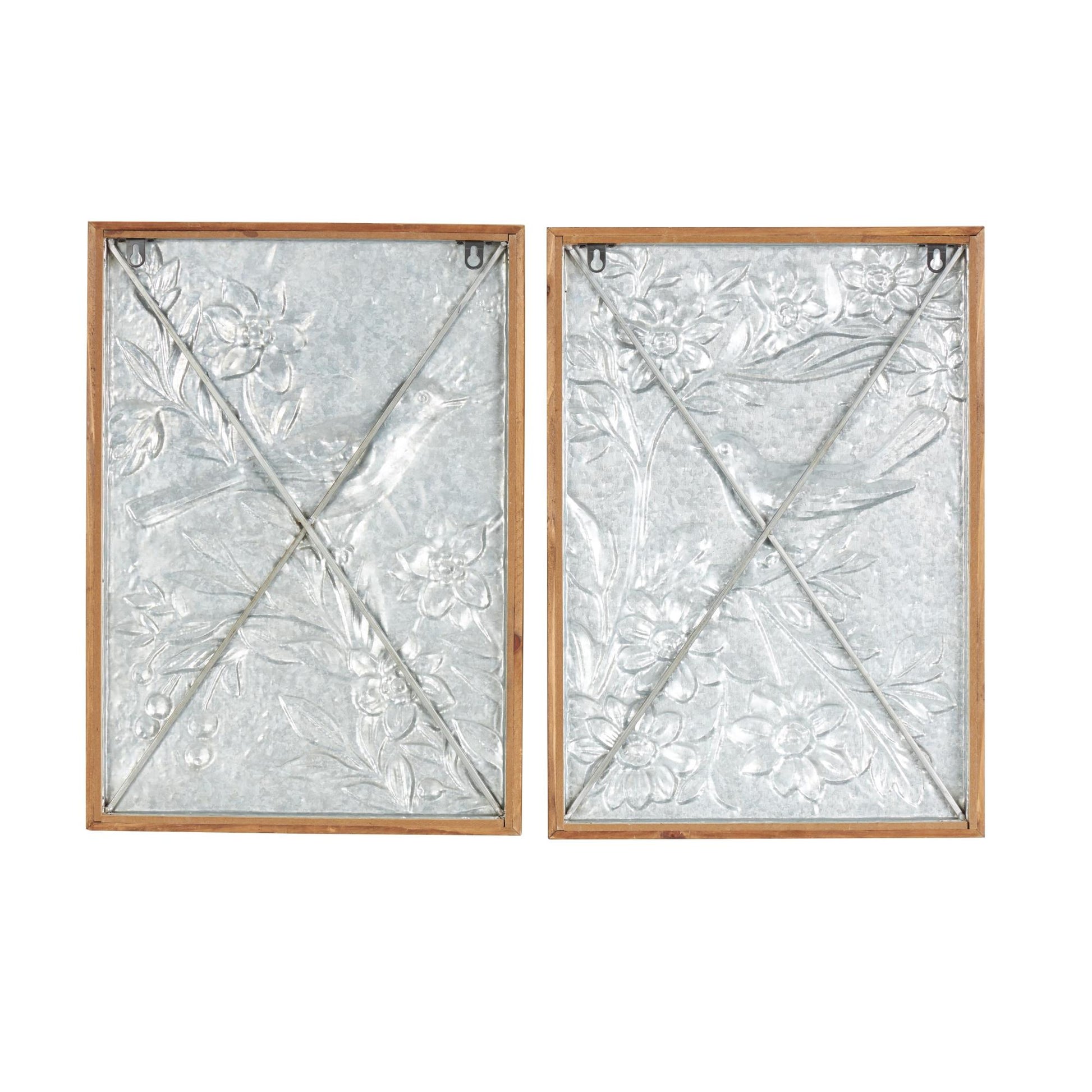 Set of 2 Bird Brown Wood Living Room Framed Wall Art with White Painted Floral Patterns