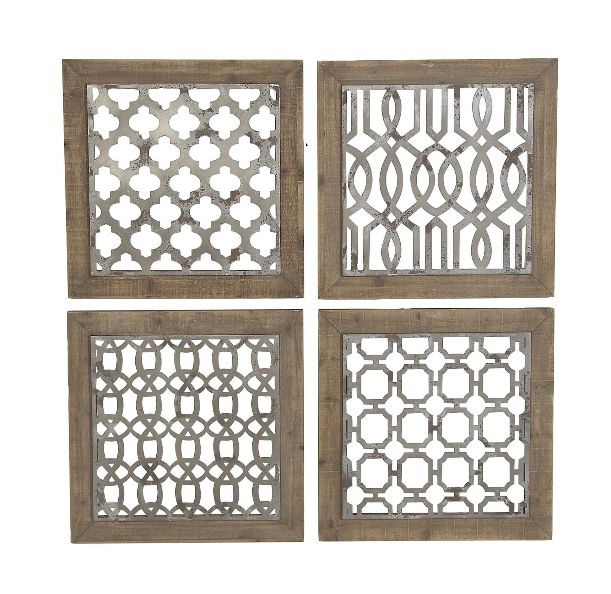 Set of 4 Geometric Brown Wood Home Wall Decor with Silver Metal Trellis Cutouts