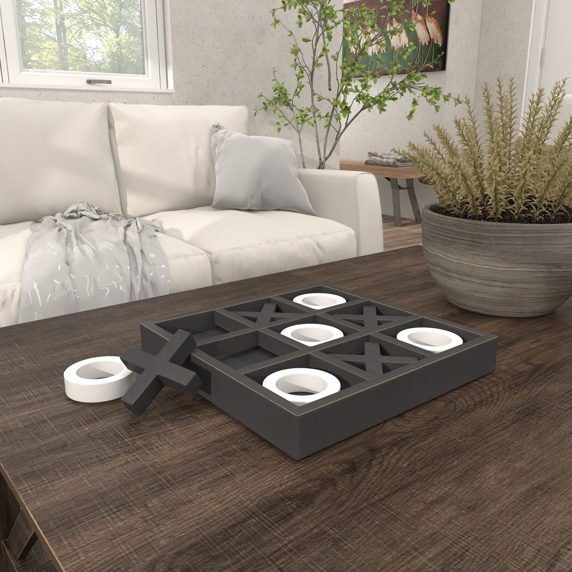 Tic Tac Toe Black Wooden Home Decor Game Set with White Os