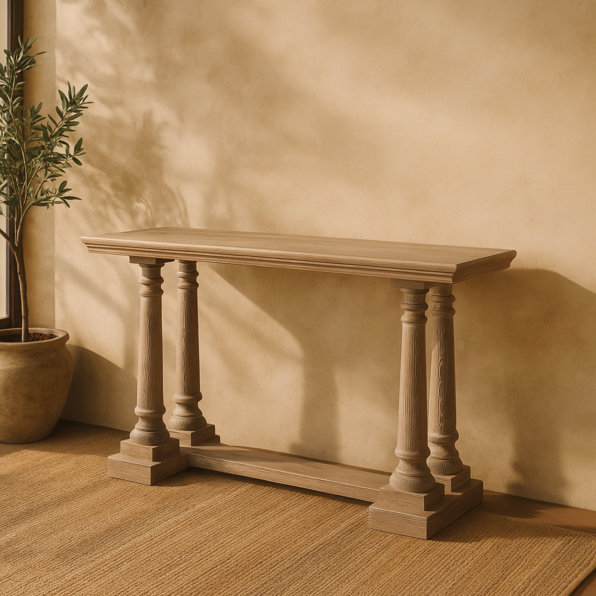 Light Brown Wooden Whitewashed Distressed Turned Living Room Console Table