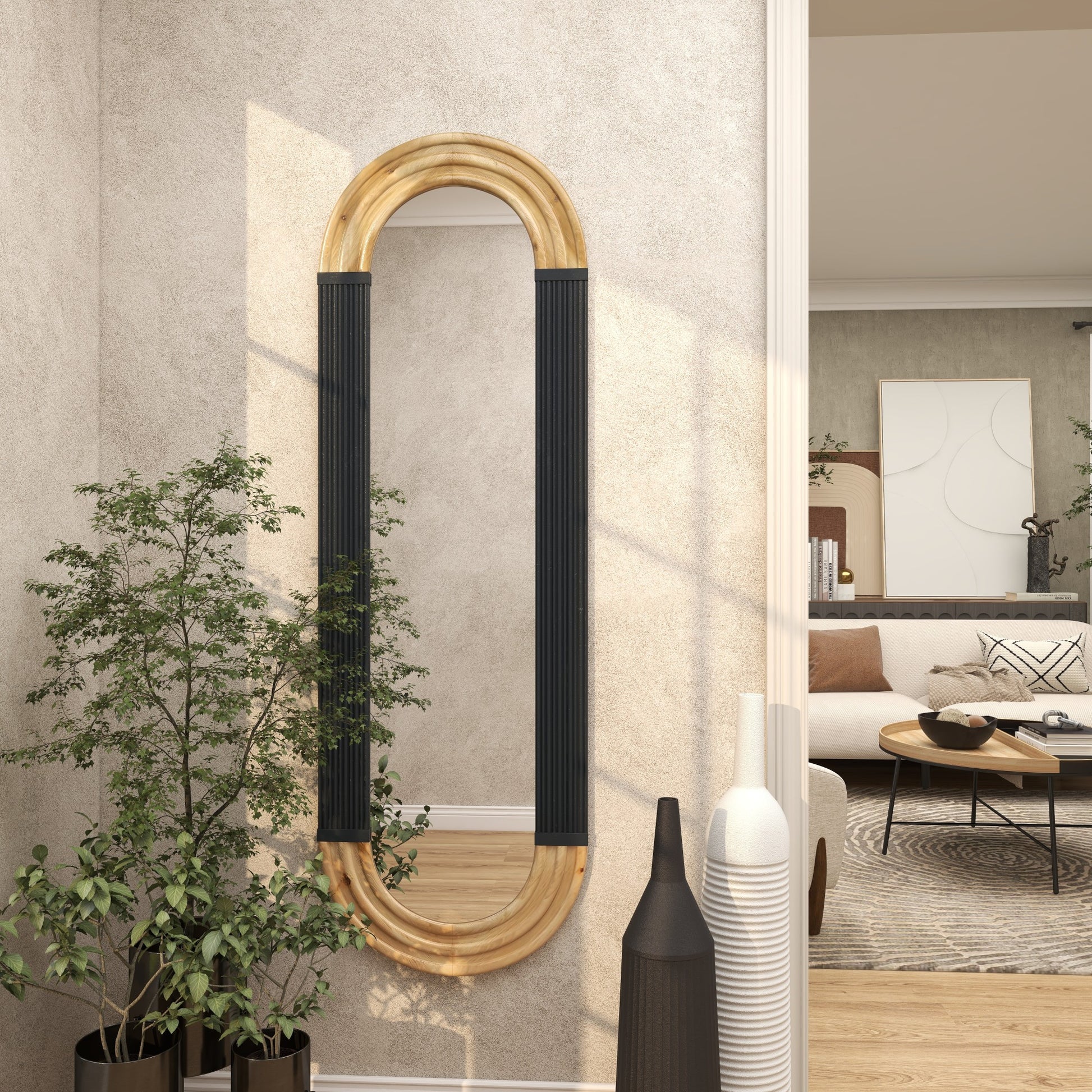 Wooden Ribbed Oval Room Wall Mirror with Brown Accents