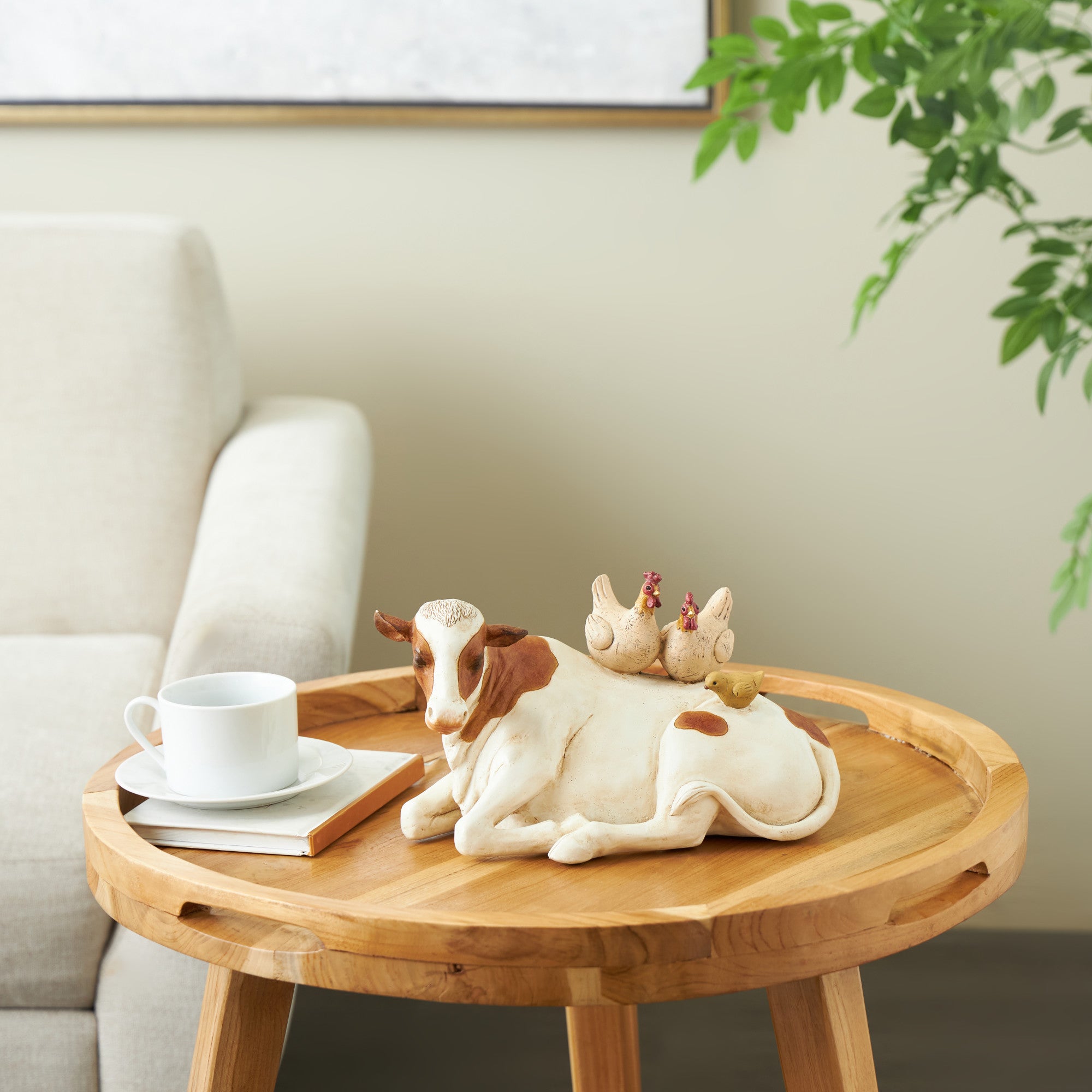 Cow Polystone Sleeping Decorative Sculpture with Sitting Roosters and Chicks 11" x 6" x 6"