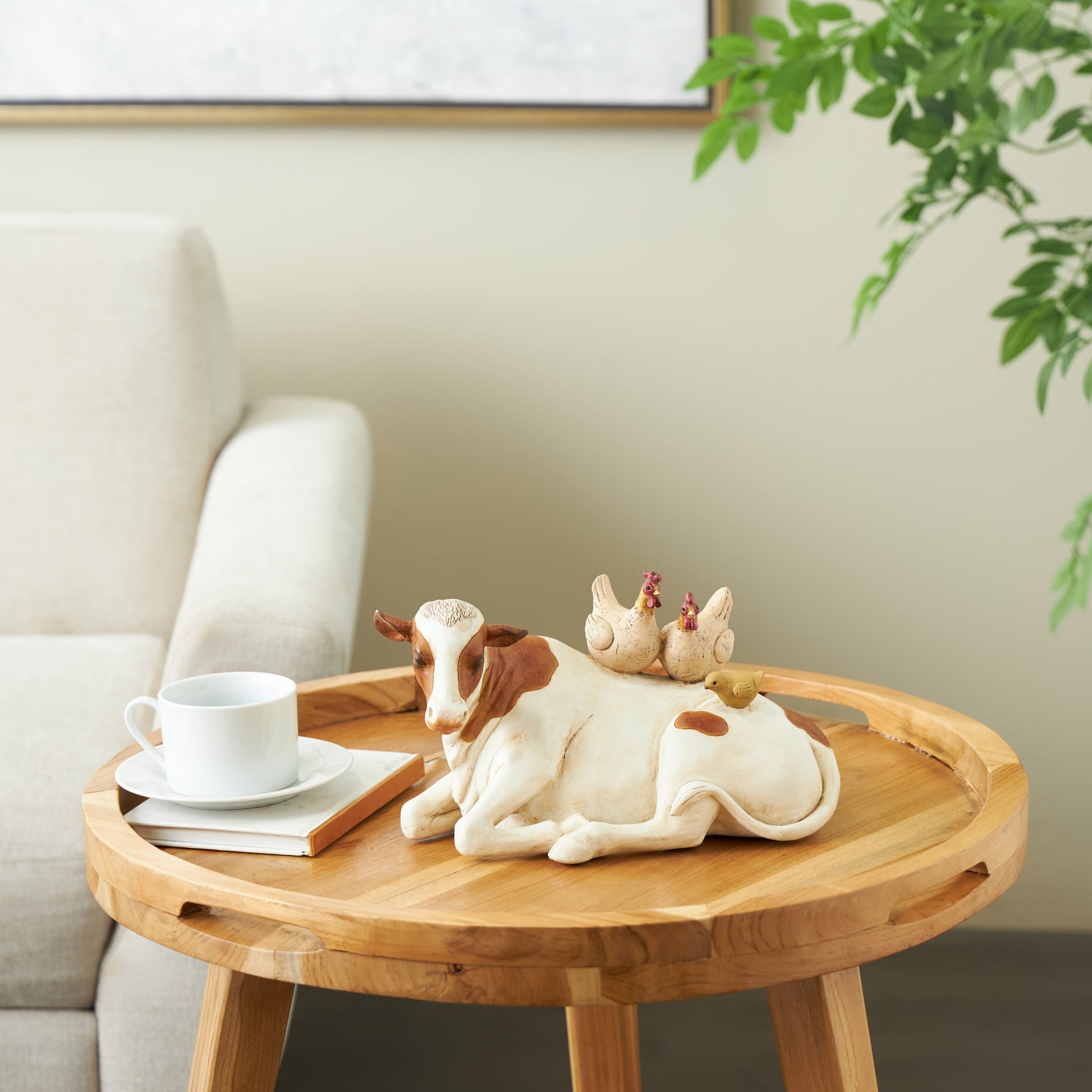 Cow Polystone Sleeping Decorative Sculpture with Sitting Roosters and Chicks 11" x 6" x 6"