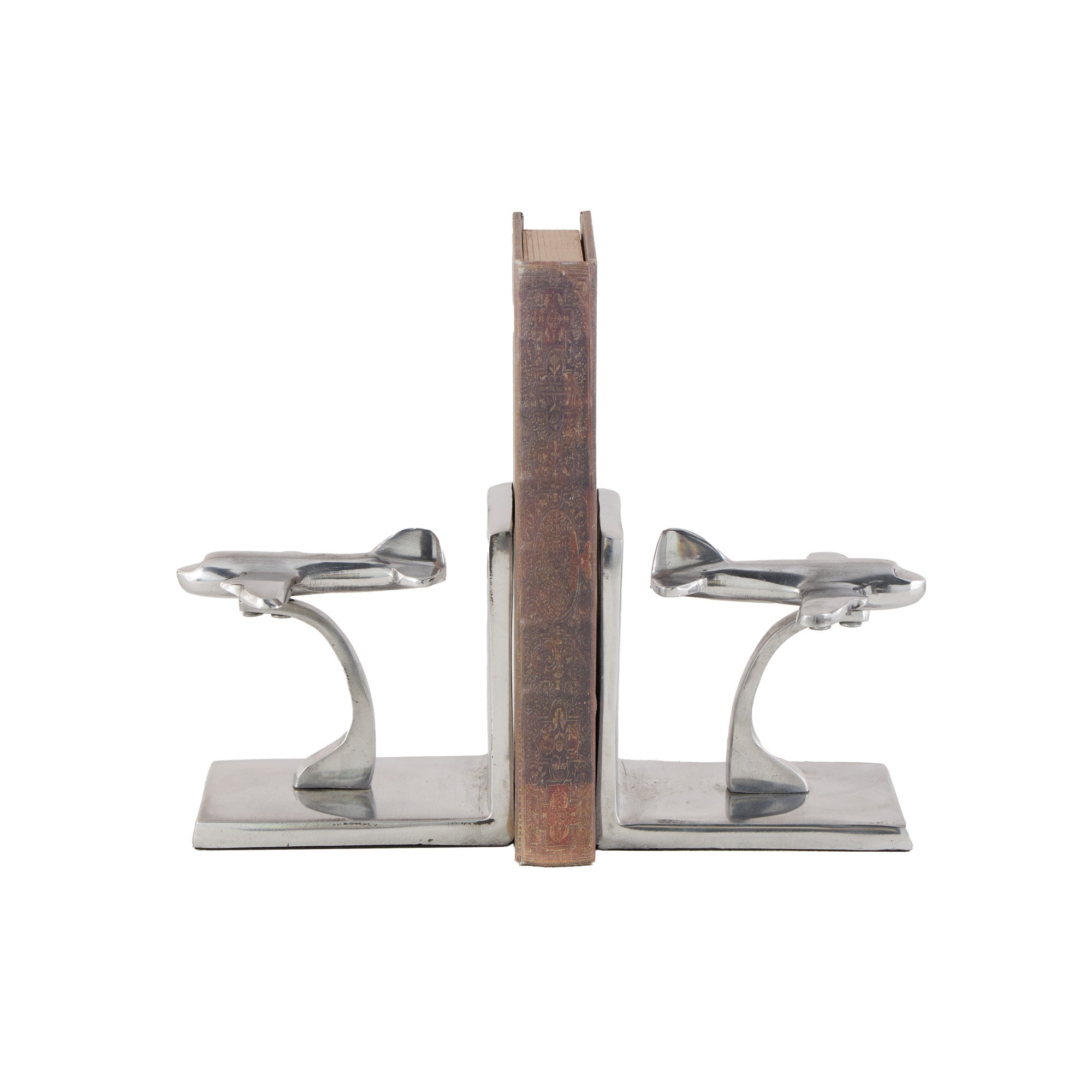 Set of 2 Airplane Silver Aluminum Metal Decorative Bookends