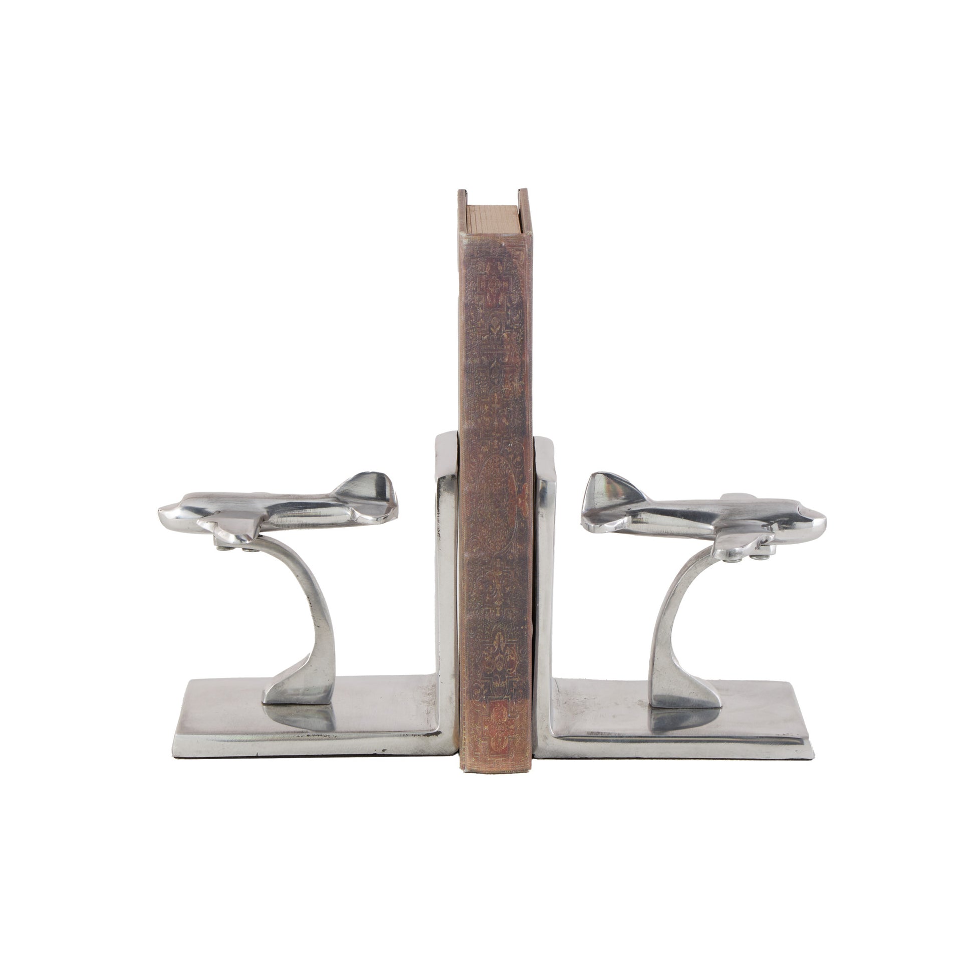 Set of 2 Airplane Silver Aluminum Metal Decorative Bookends