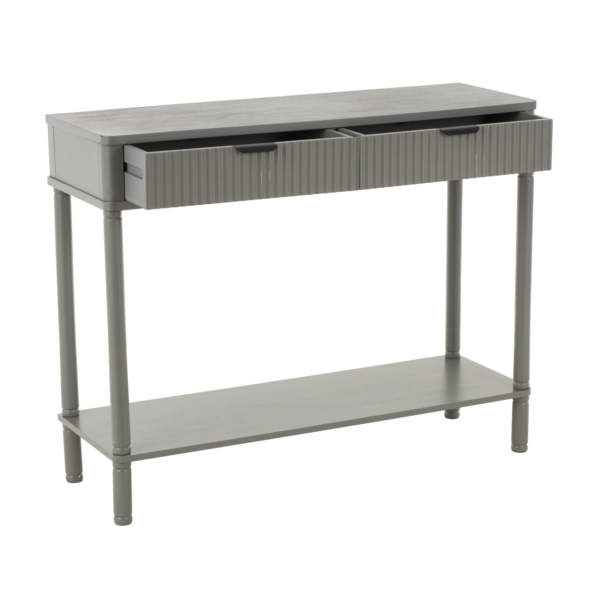 Gray Wood Handmade 2 Drawer Living Room Console Table with Black Handle and Ribbed Front